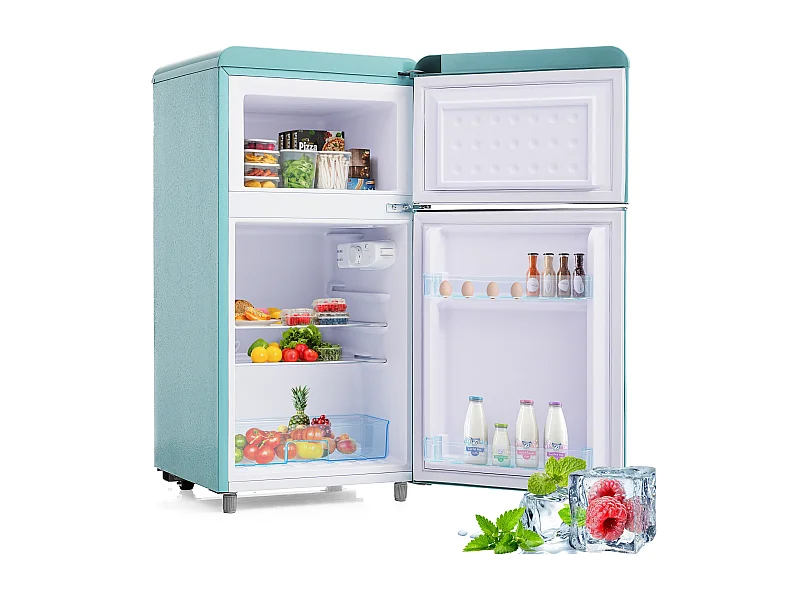 Minikoelkast Retro, 72 liter totaal, 21 liter congélateur, 51 liter koelkast, Energieklasse E, LED, Design Rétro, Cyaan (45x44x91cm)