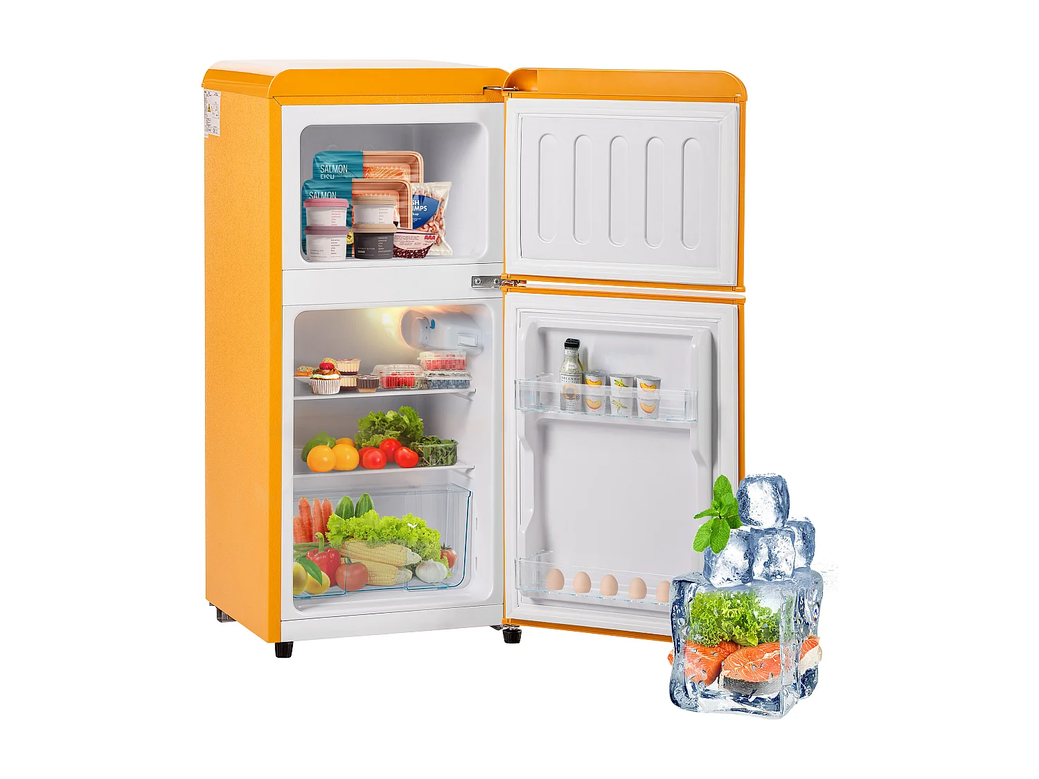 Mini frigorifero retrò, capacità totale 60 l, congelatore 22 l, frigorifero 38 l, classe energetica E, LED, design retrò, giallo (88,8 x 45,5 x 42,5 cm)