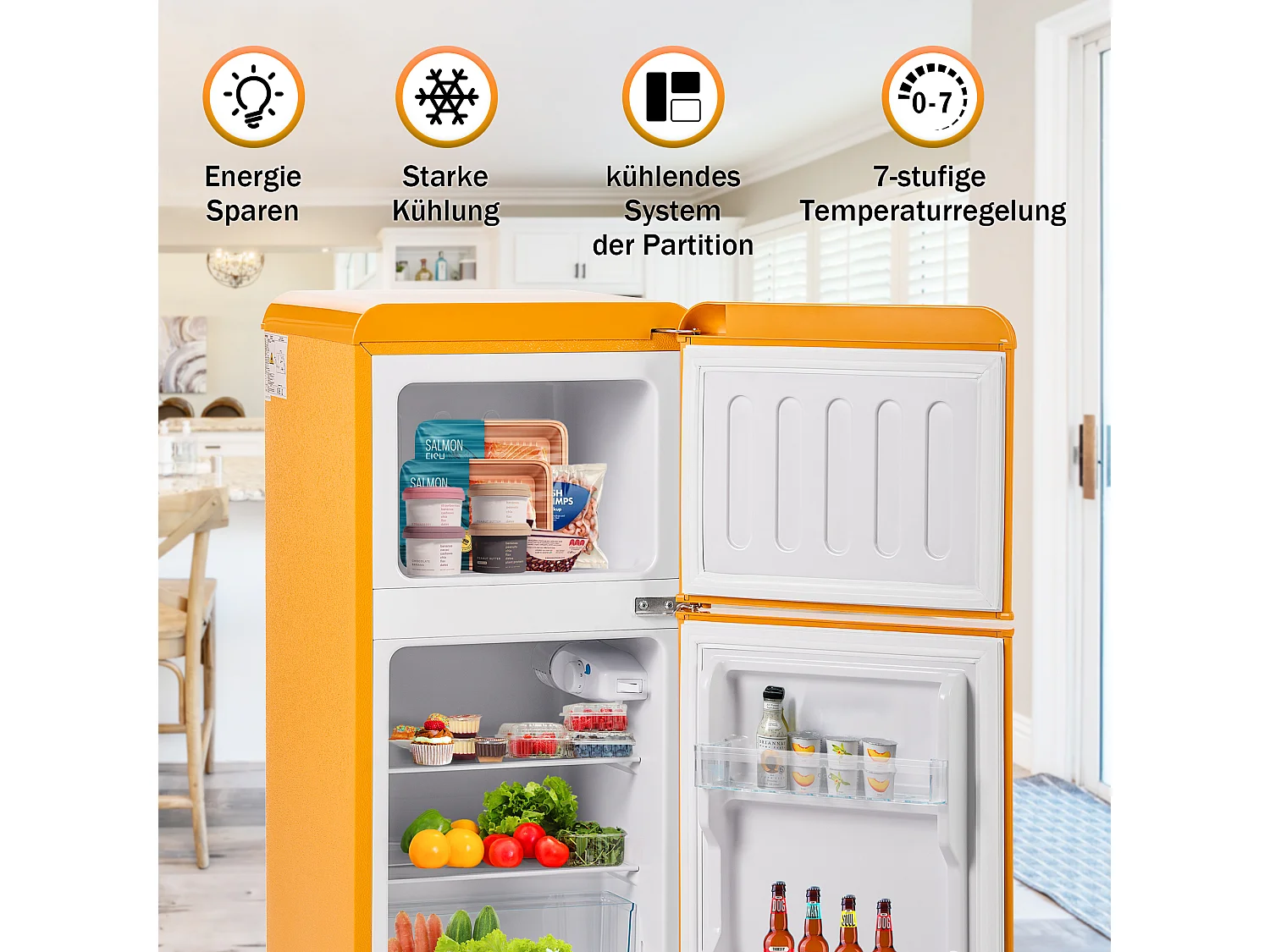 Mini frigorifero retrò, capacità totale 60 l, congelatore 22 l, frigorifero 38 l, classe energetica E, LED, design retrò, giallo (88,8 x 45,5 x 42,5 cm)