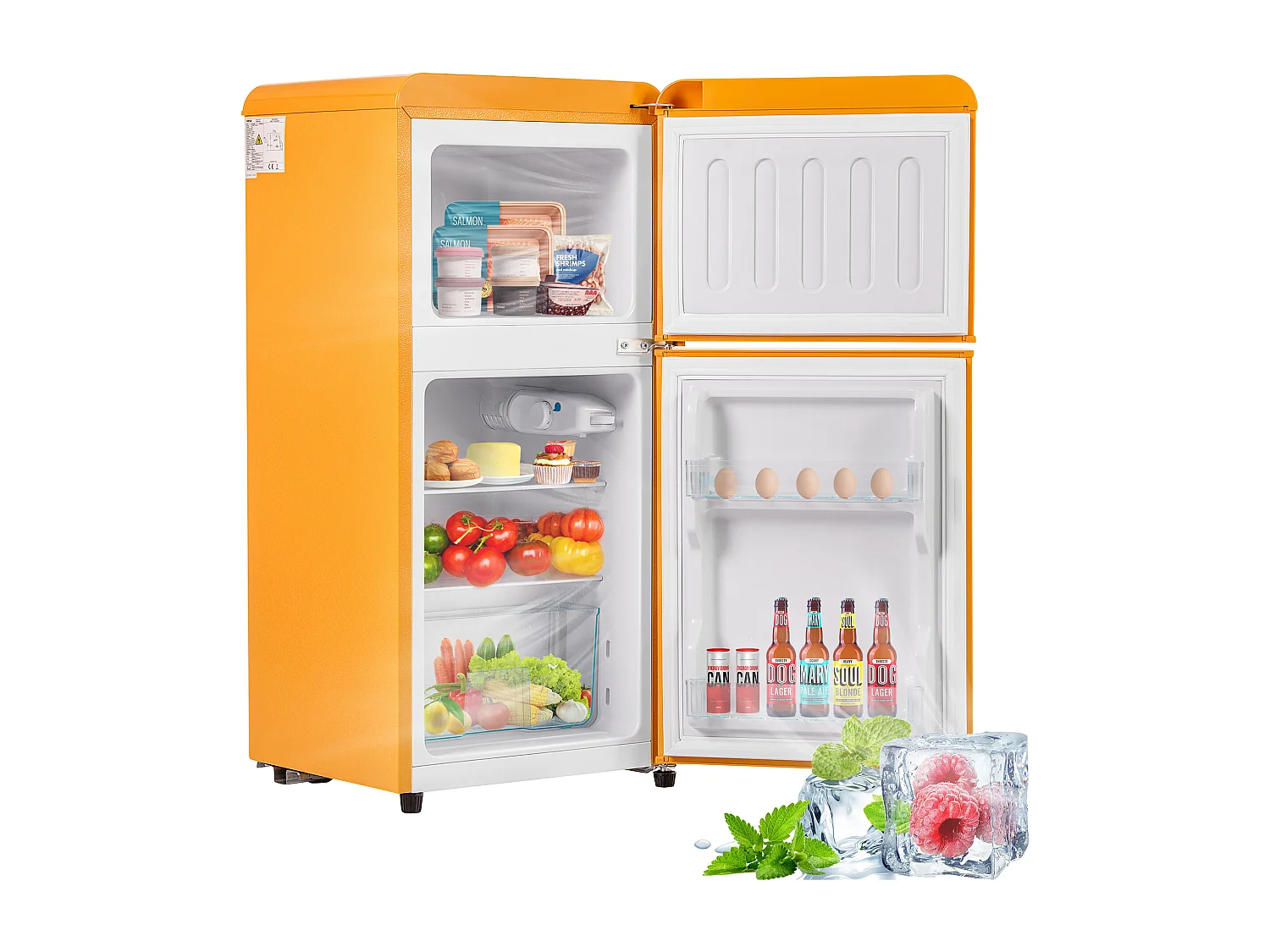 Mini frigorifero retrò, capacità totale 60 l, congelatore 22 l, frigorifero 38 l, classe energetica E, LED, design retrò, giallo (88,8 x 45,5 x 42,5 cm)