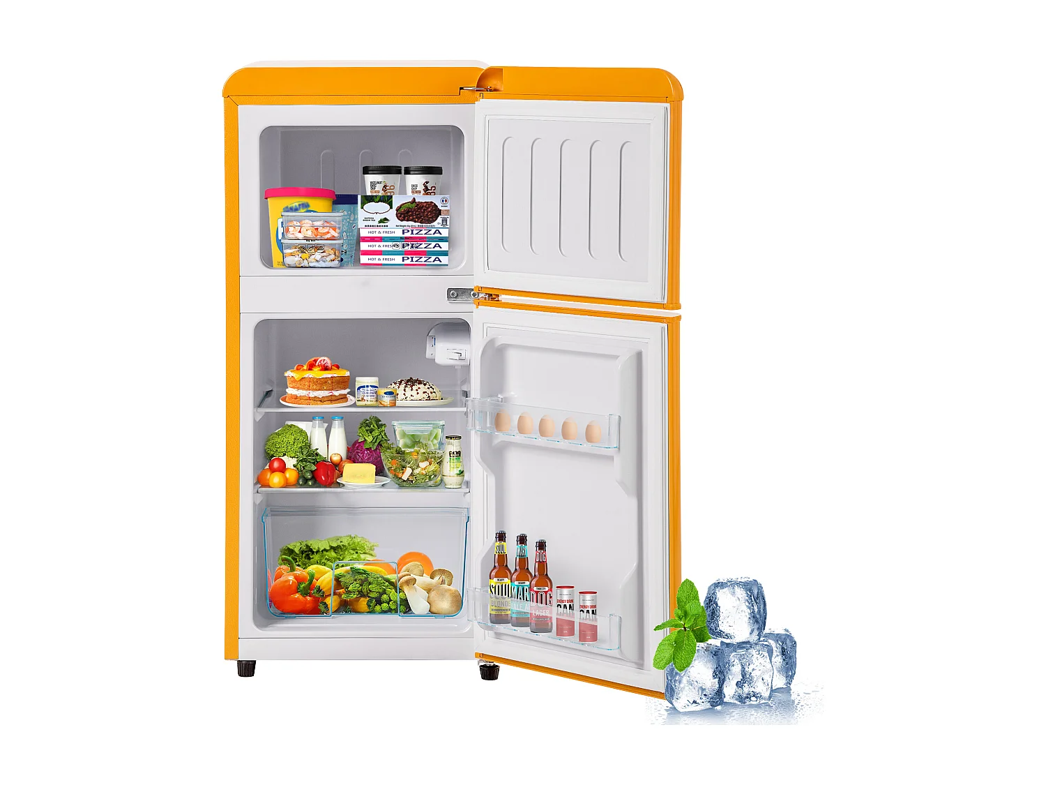 Mini frigorifero retrò, capacità totale 60 l, congelatore 22 l, frigorifero 38 l, classe energetica E, LED, design retrò, giallo (88,8 x 45,5 x 42,5 cm)