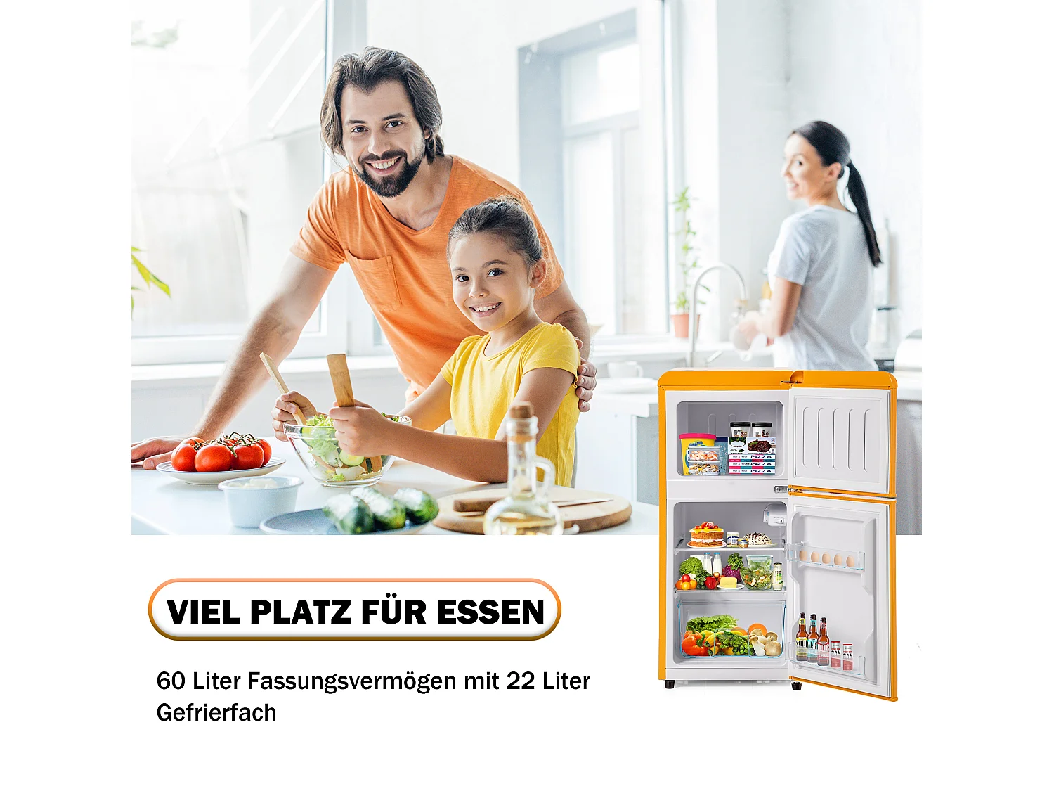 Mini frigorifero retrò, capacità totale 60 l, congelatore 22 l, frigorifero 38 l, classe energetica E, LED, design retrò, giallo (88,8 x 45,5 x 42,5 cm)
