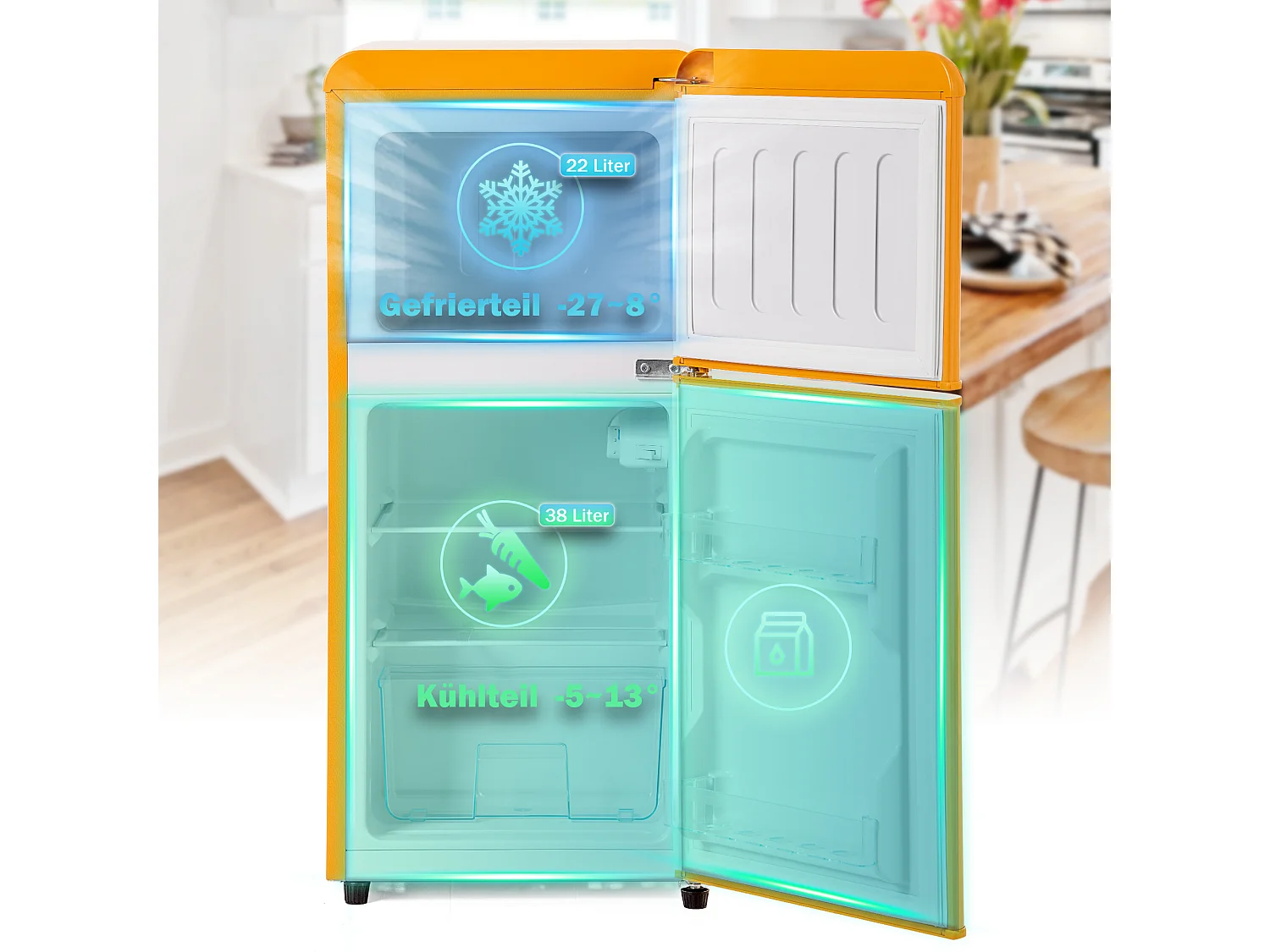 Mini frigorifero retrò, capacità totale 60 l, congelatore 22 l, frigorifero 38 l, classe energetica E, LED, design retrò, giallo (88,8 x 45,5 x 42,5 cm)