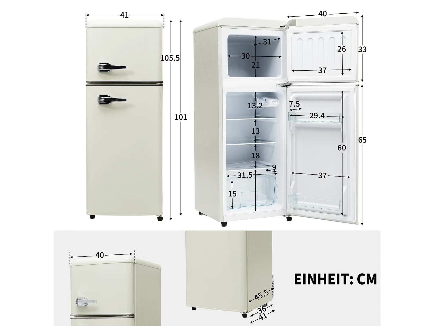 Mini Réfrigérateur Retro, 92L Total, 28L Congélateur, 64L Réfrigérateur, Énergie Classe D, LED, Design Rétro, Blanc (105.5x41x45.5cm)