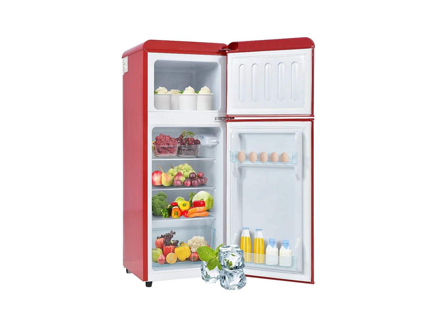 Mini frigorifero retrò, 92 l totali, congelatore 28 l, frigorifero 64 l, classe energetica D, LED, design retrò, rosso (105,5 x 41 x 45,5 cm)