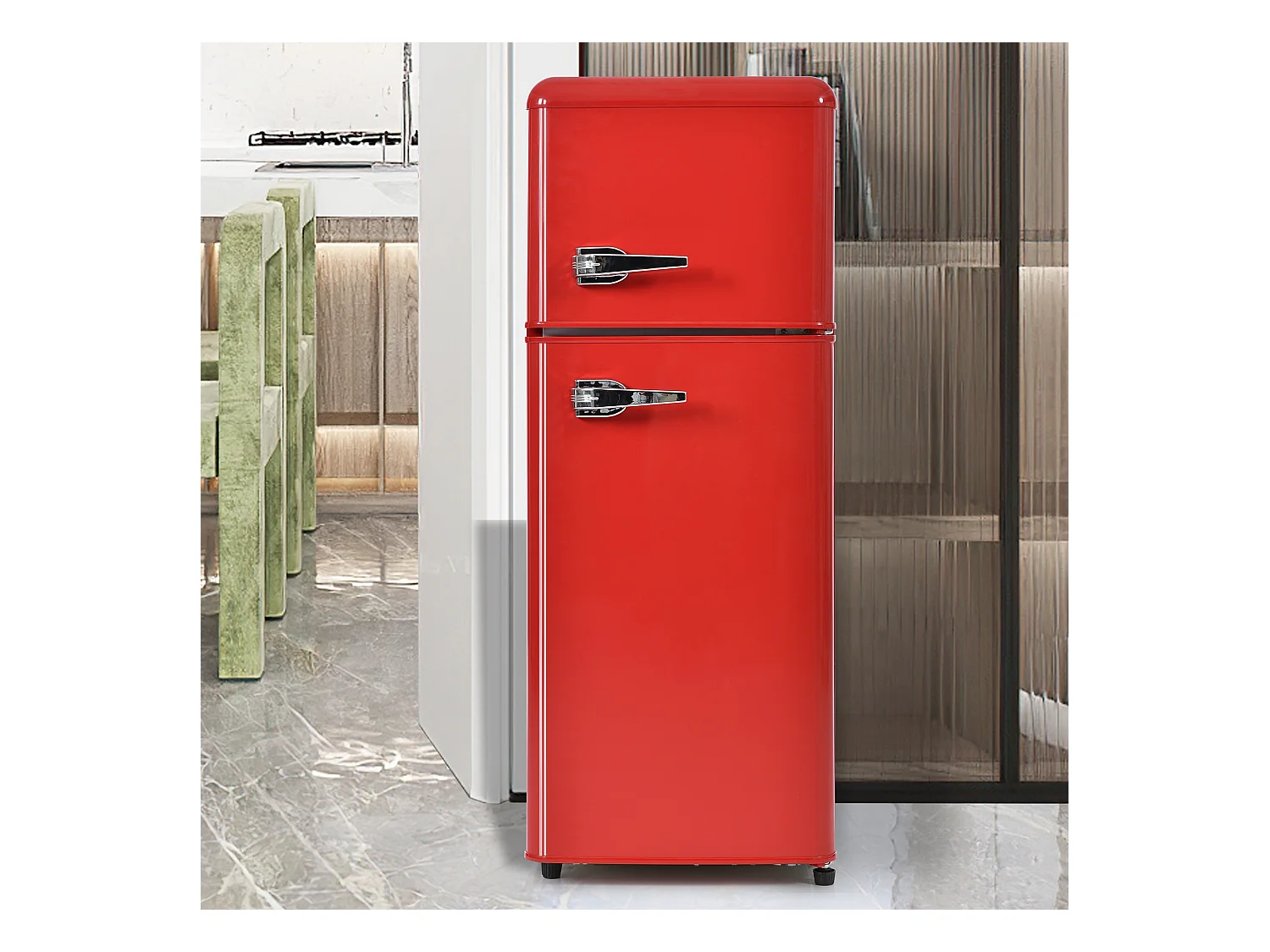 Mini frigorifero retrò, 92 l totali, congelatore 28 l, frigorifero 64 l, classe energetica D, LED, design retrò, rosso (105,5 x 41 x 45,5 cm)