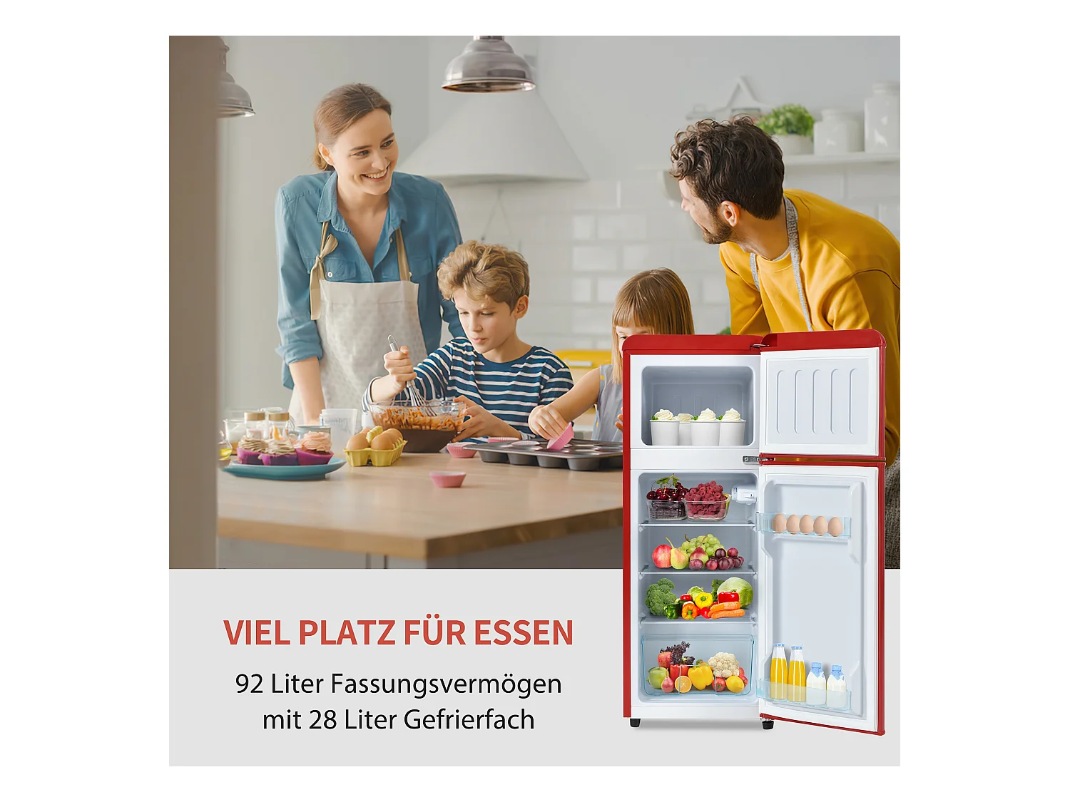 Mini frigorifero retrò, 92 l totali, congelatore 28 l, frigorifero 64 l, classe energetica D, LED, design retrò, rosso (105,5 x 41 x 45,5 cm)