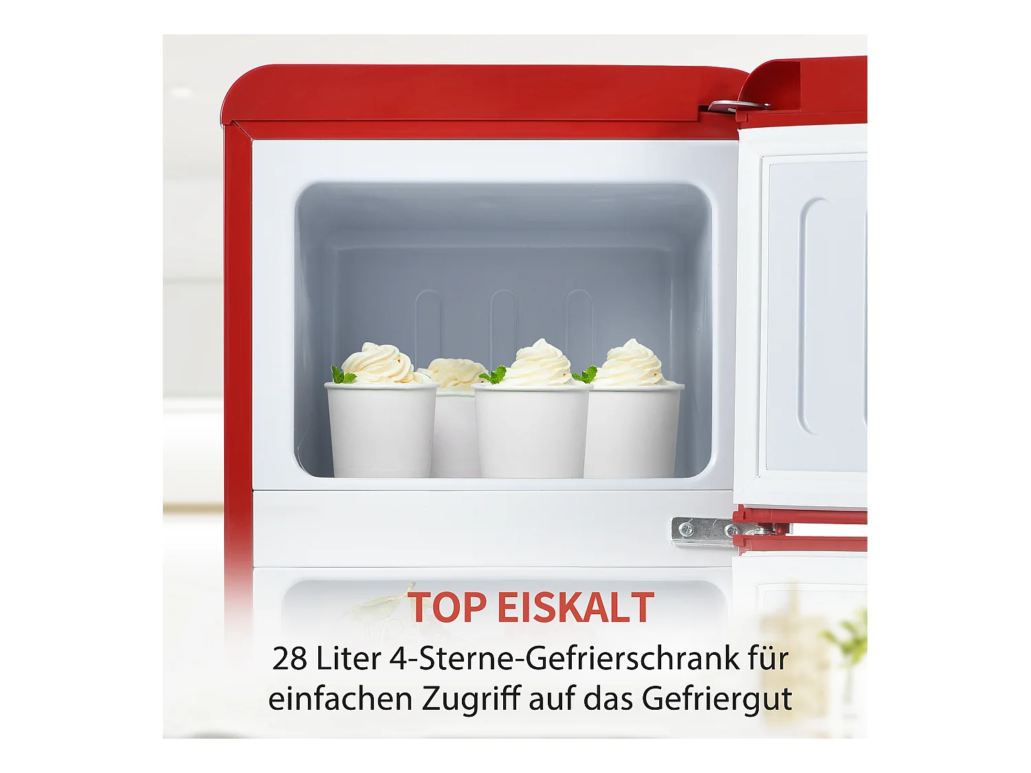 Mini frigorifero retrò, 92 l totali, congelatore 28 l, frigorifero 64 l, classe energetica D, LED, design retrò, rosso (105,5 x 41 x 45,5 cm)