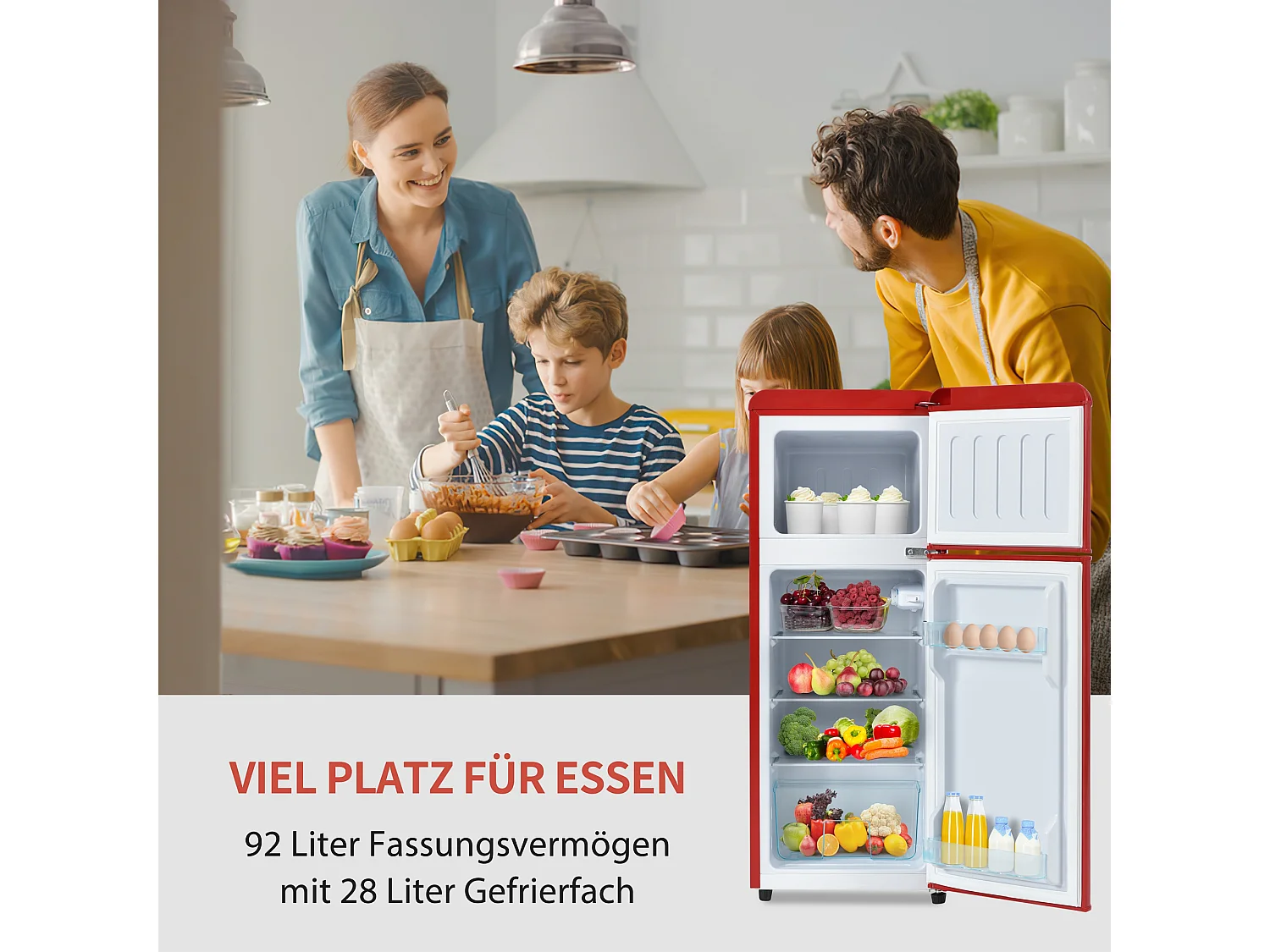 Minikoelkast Retro, 92 liter totaal, 28 liter congélateur, 64 liter koelkast, Energieklasse D, LED, Design Rétro, Rouge (105,5x41x45,5cm)