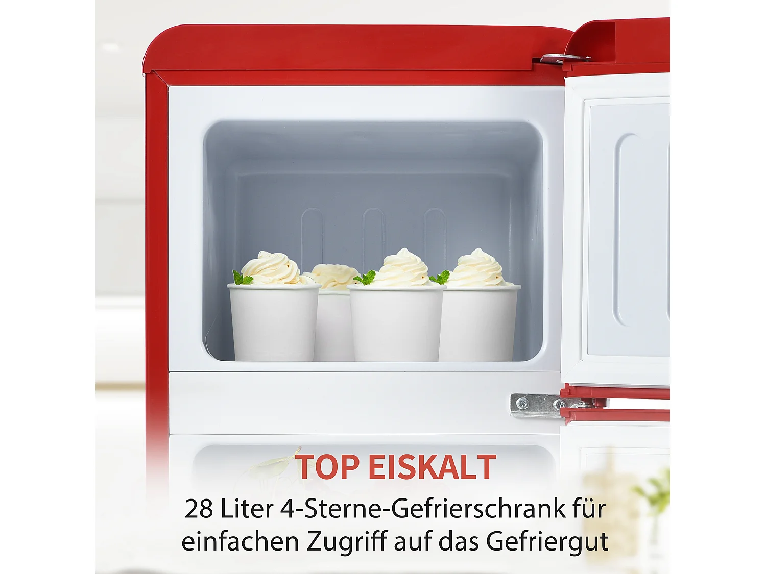 Minikoelkast Retro, 92 liter totaal, 28 liter congélateur, 64 liter koelkast, Energieklasse D, LED, Design Rétro, Rouge (105,5x41x45,5cm)