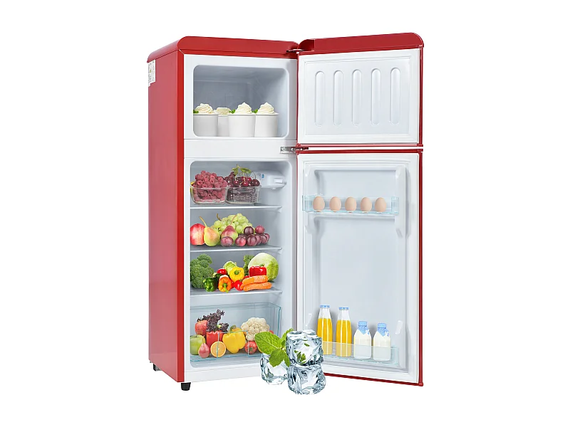 Mini Réfrigérateur Retro, 92L Total, 28L Congélateur, 64L Réfrigérateur, Énergie Classe D, LED, Design Rétro, Rouge (105.5x41x45.5cm)