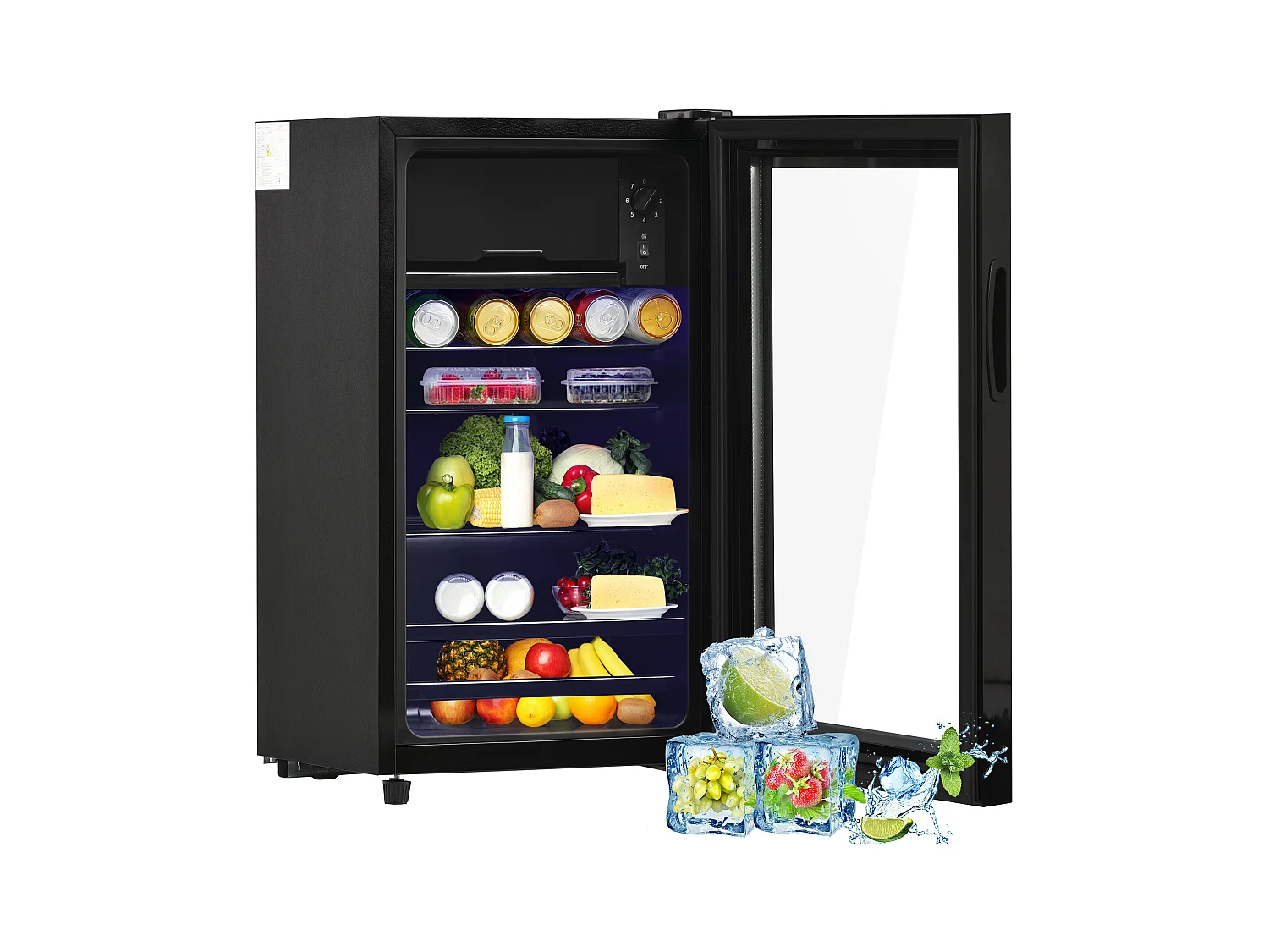 Mini Réfrigérateur 76L, 6L Congélateur + 70L Réfrigérateur, 5 Niveaux Température, LED, R600a, Acier Inox, Noir (40x43.5x71.6cm)