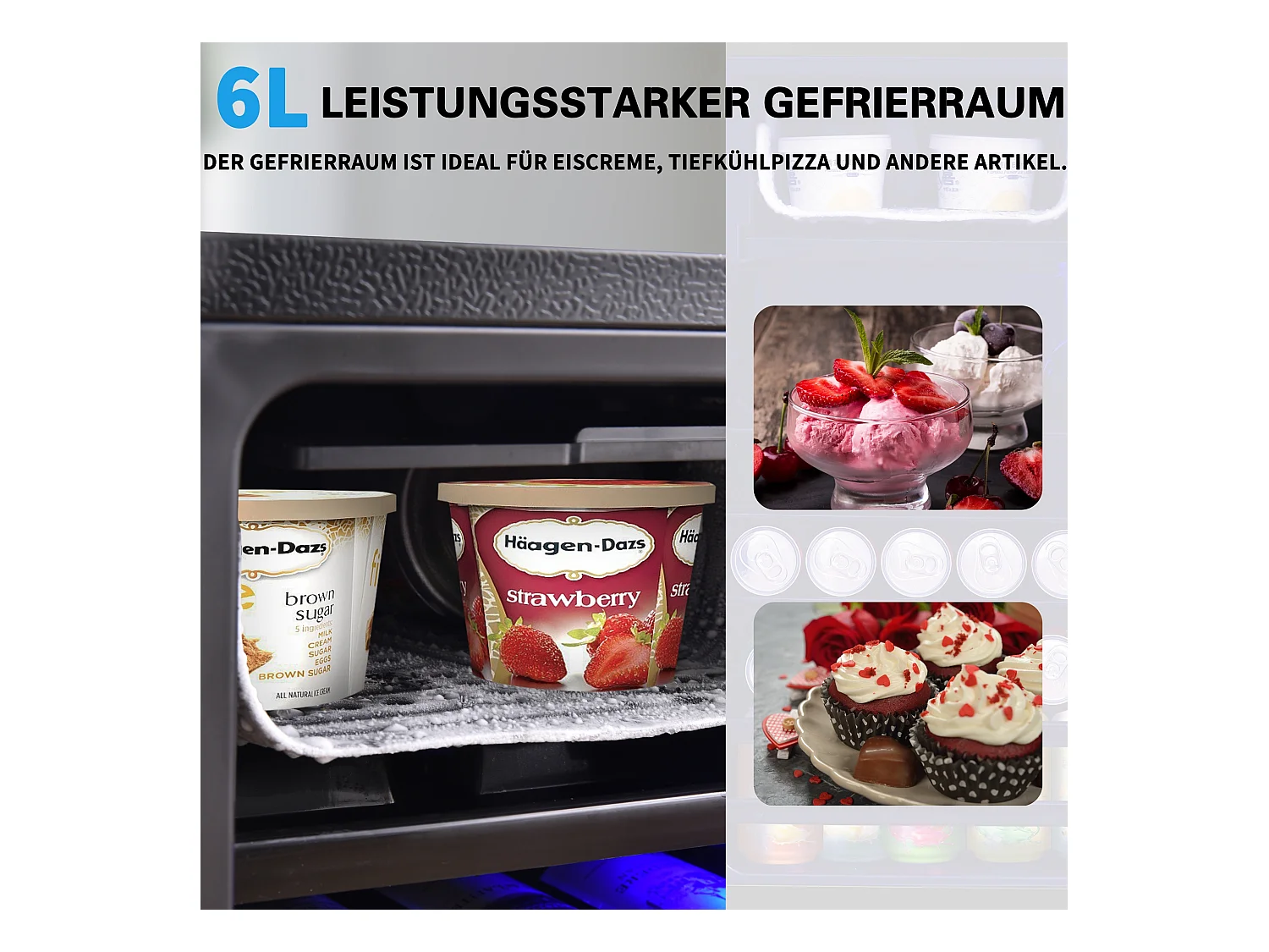 Mini Réfrigérateur 76L, 6L Congélateur + 70L Réfrigérateur, 5 Niveaux Température, LED, R600a, Acier Inox, Noir (40x43.5x71.6cm)