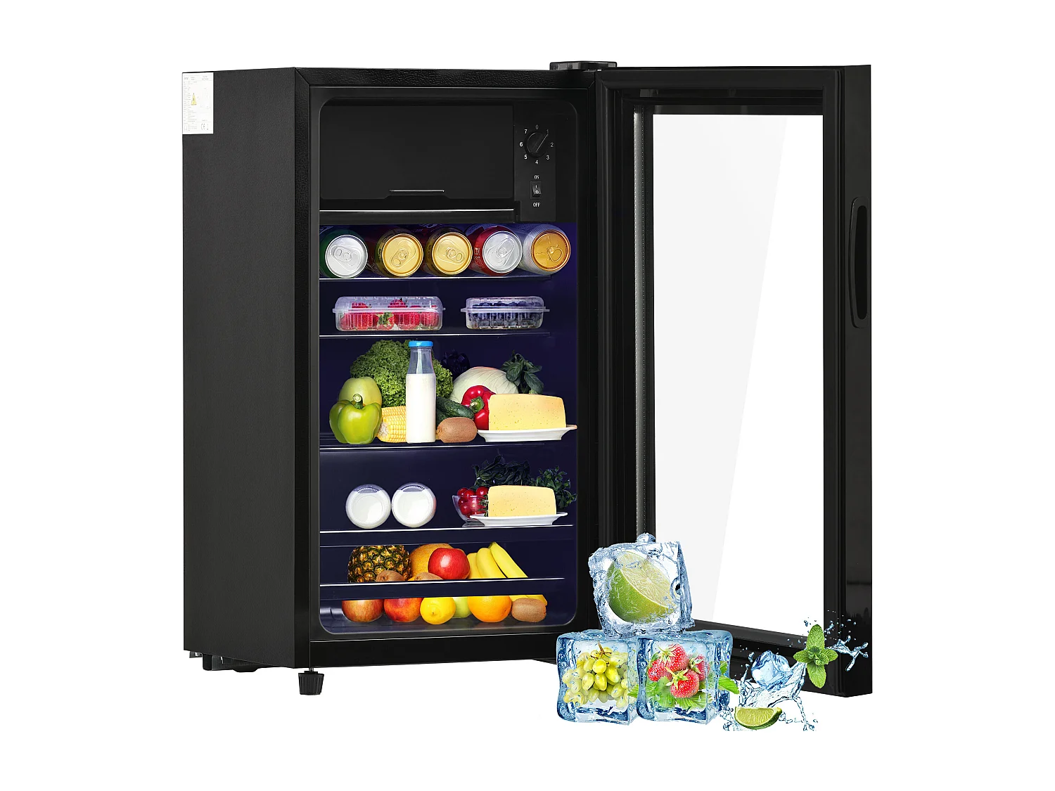 Mini Réfrigérateur 76L, 6L Congélateur + 70L Réfrigérateur, 5 Niveaux Température, LED, R600a, Acier Inox, Noir (40x43.5x71.6cm)