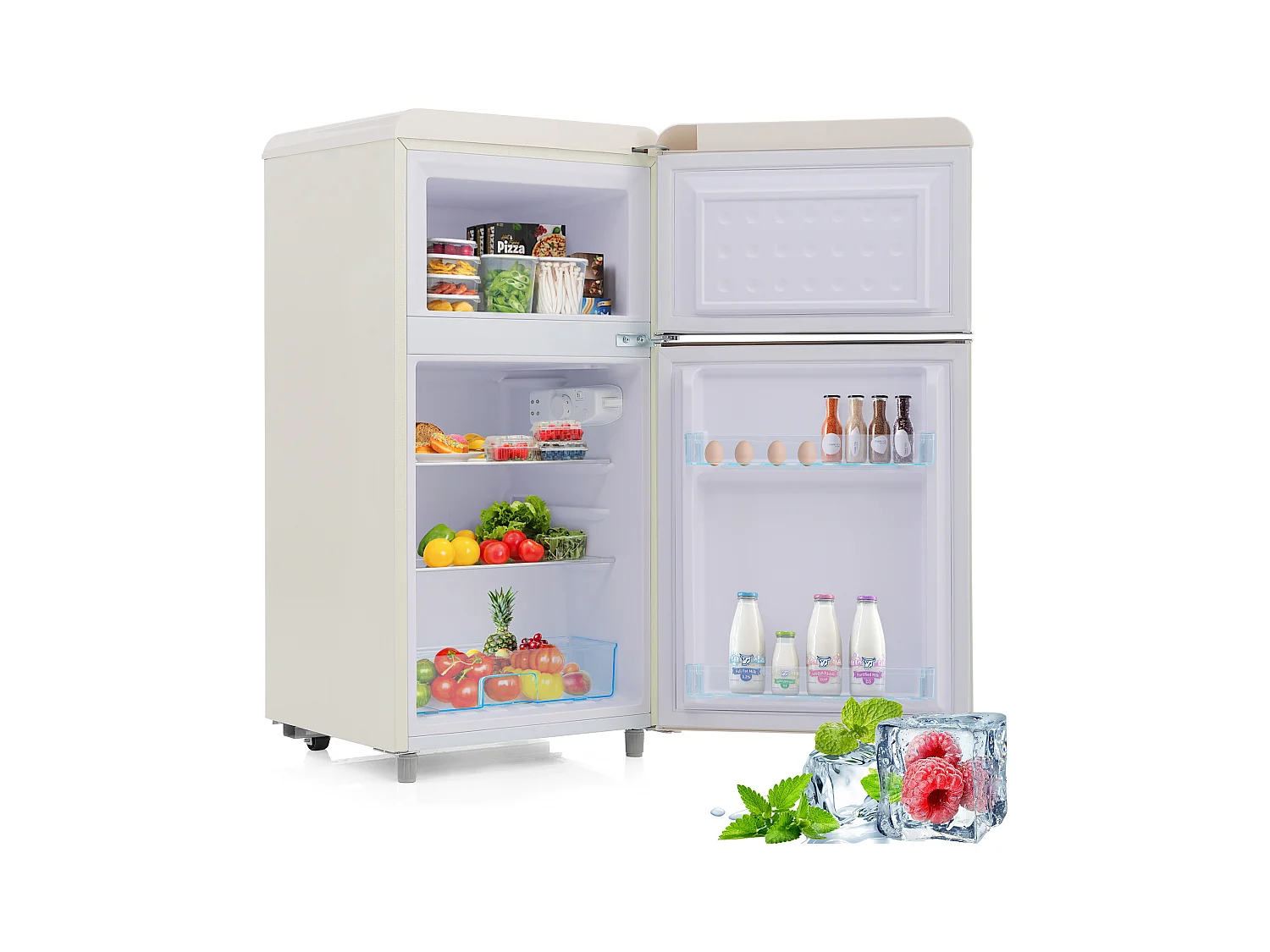 Mini Réfrigérateur Retro, 72L Total, 21L Congélateur, 51L Réfrigérateur, Énergie Classe E, LED, Design Rétro, Blanc (45x44x91cm)