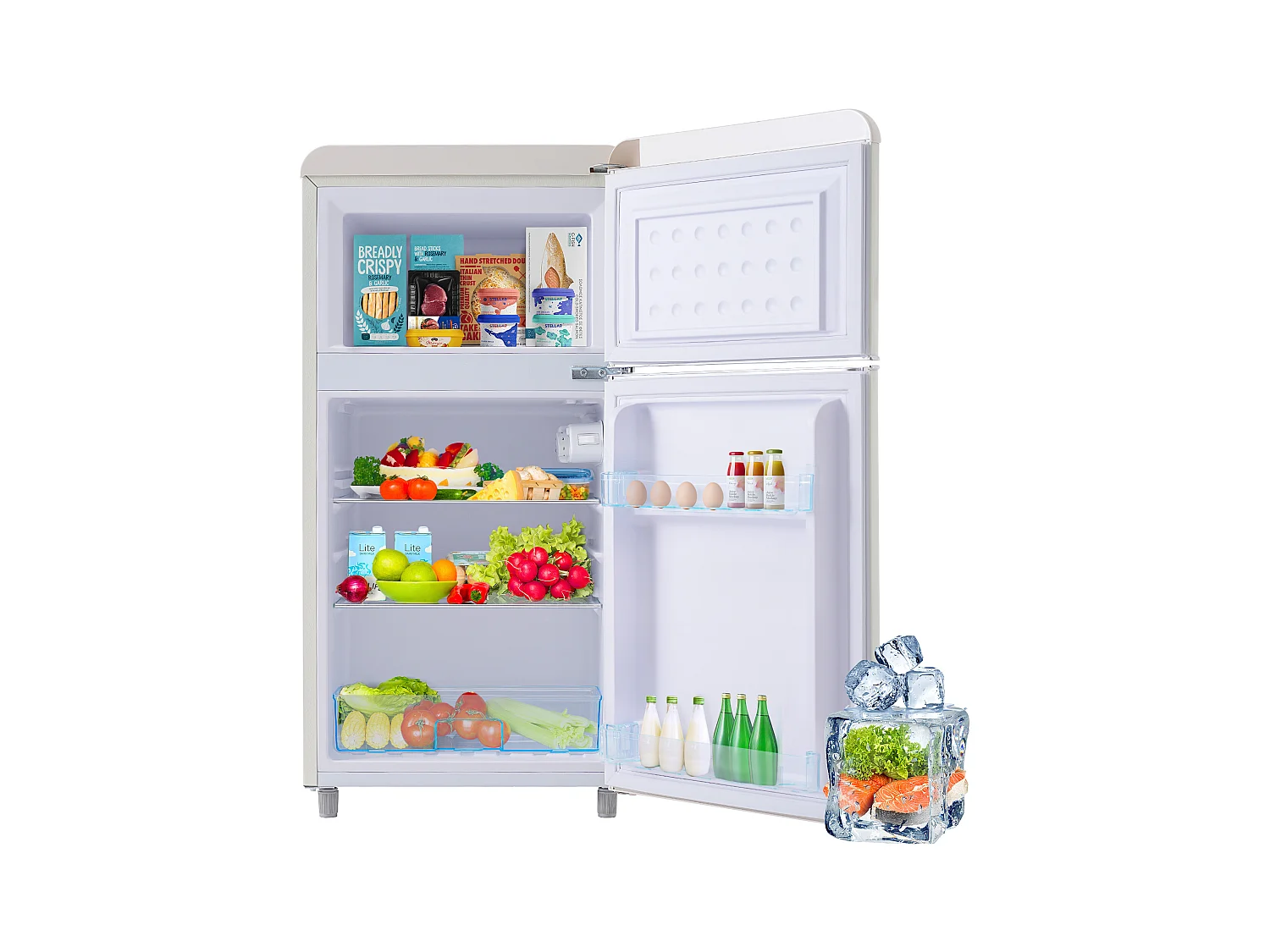 Mini Réfrigérateur Retro, 72L Total, 21L Congélateur, 51L Réfrigérateur, Énergie Classe E, LED, Design Rétro, Blanc (45x44x91cm)