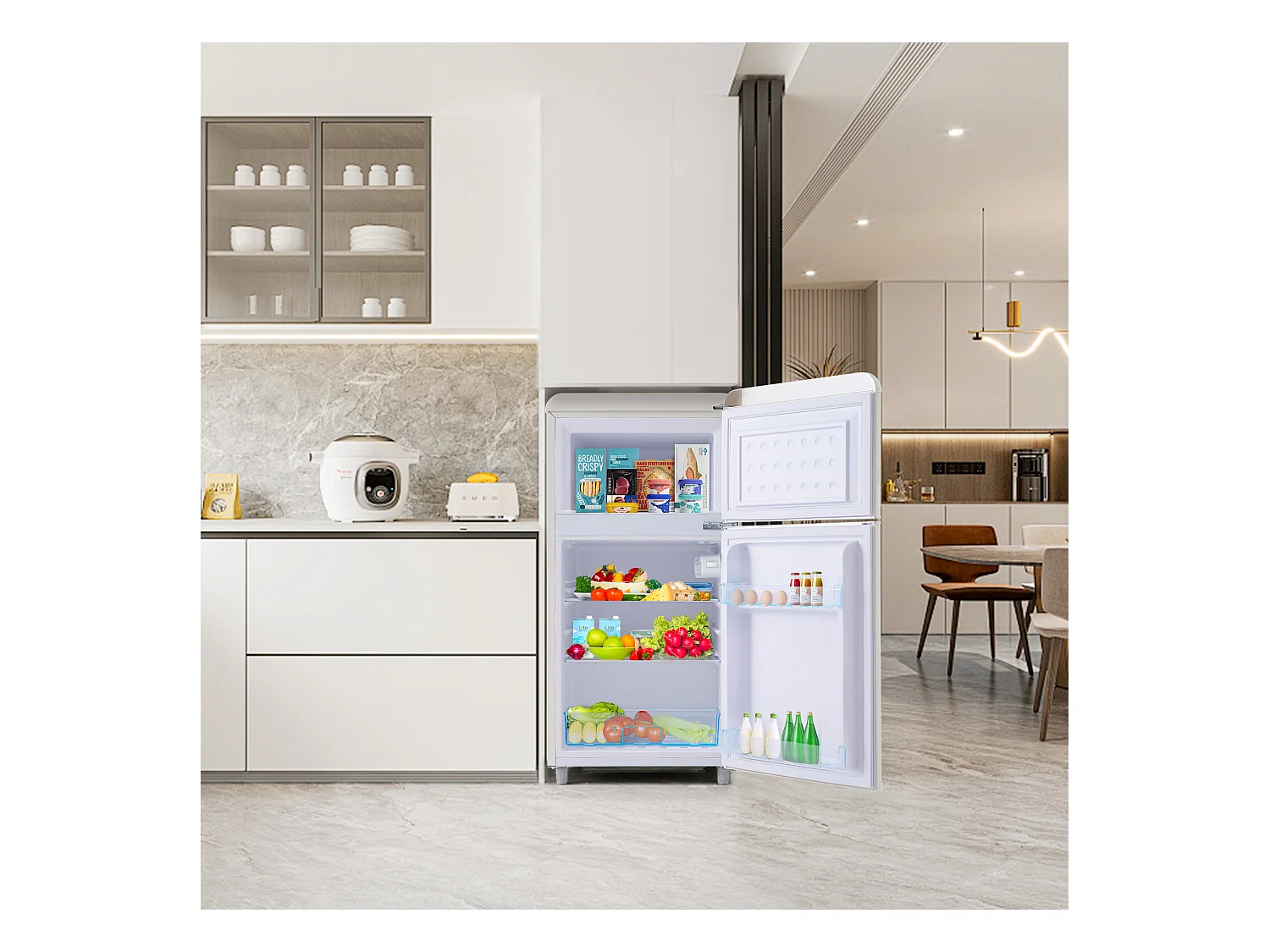 Mini Réfrigérateur Retro, 72L Total, 21L Congélateur, 51L Réfrigérateur, Énergie Classe E, LED, Design Rétro, Blanc (45x44x91cm)