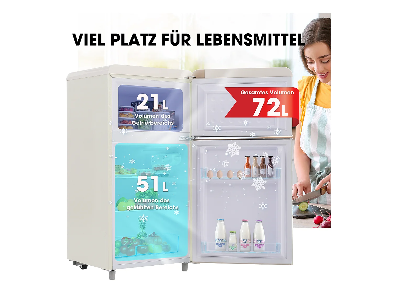 Mini Réfrigérateur Retro, 72L Total, 21L Congélateur, 51L Réfrigérateur, Énergie Classe E, LED, Design Rétro, Blanc (45x44x91cm)