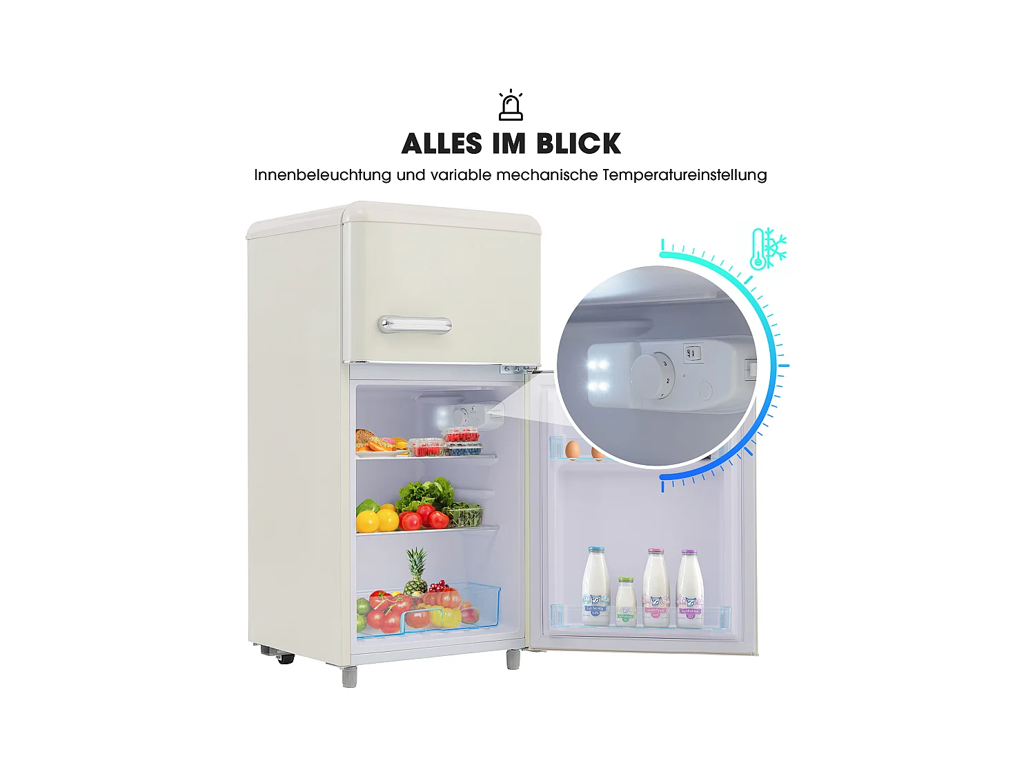 Mini Réfrigérateur Retro, 72L Total, 21L Congélateur, 51L Réfrigérateur, Énergie Classe E, LED, Design Rétro, Blanc (45x44x91cm)