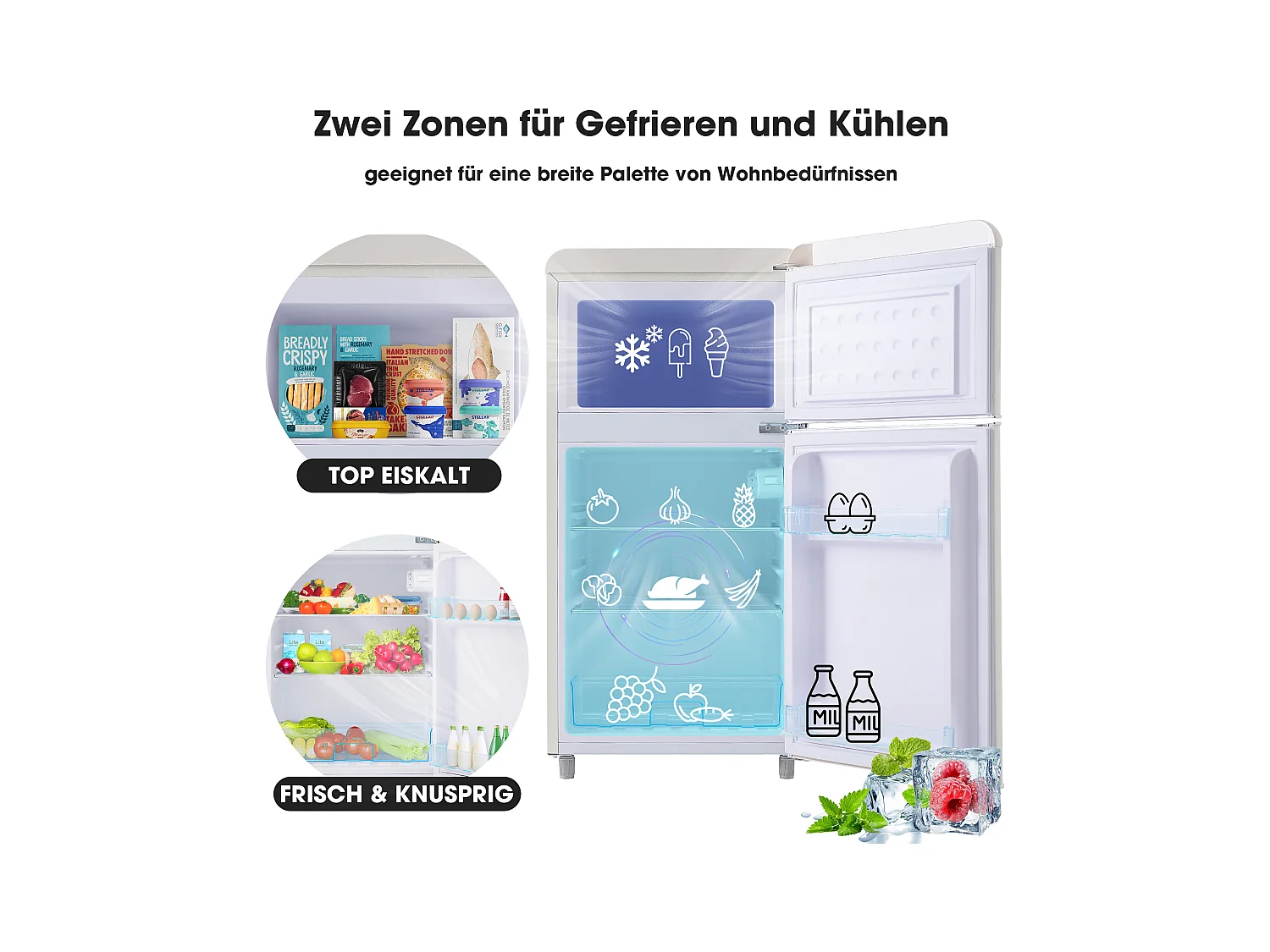 Mini Réfrigérateur Retro, 72L Total, 21L Congélateur, 51L Réfrigérateur, Énergie Classe E, LED, Design Rétro, Blanc (45x44x91cm)