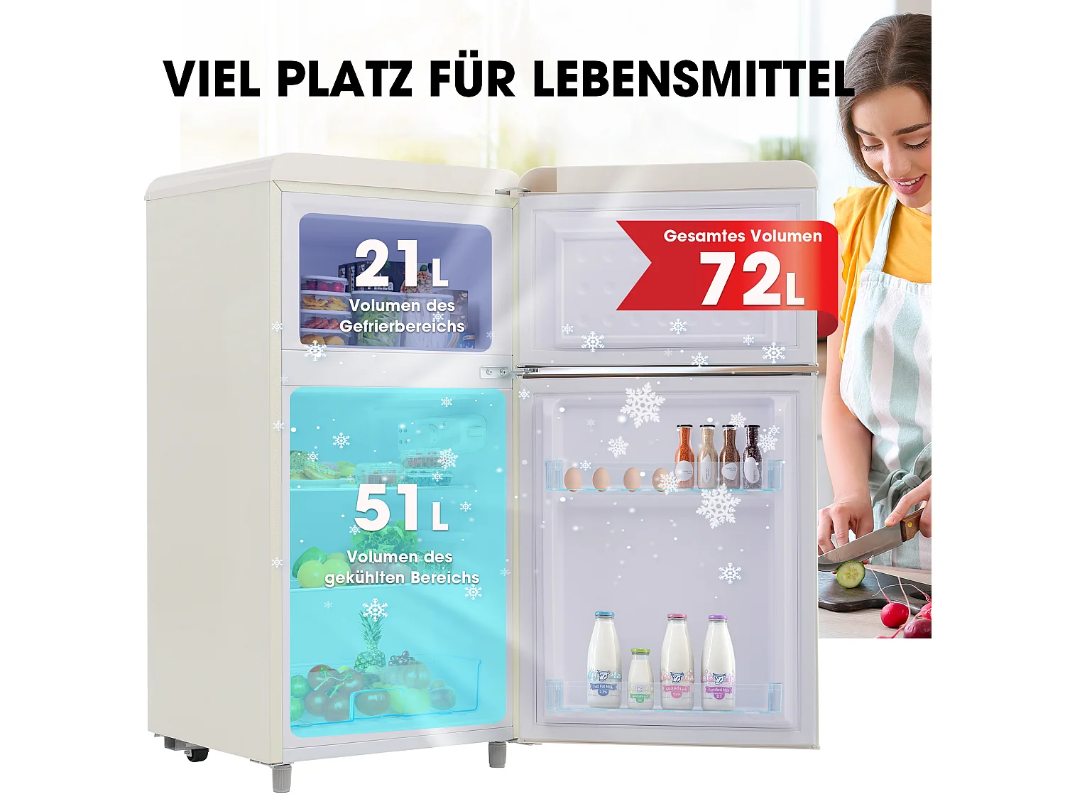Minikoelkast Retro, 72L Totaal, 21L Congélateur, 51L Koelkoelkast, Energieklasse E, LED, Design Rétro, Wit (45x44x91cm)