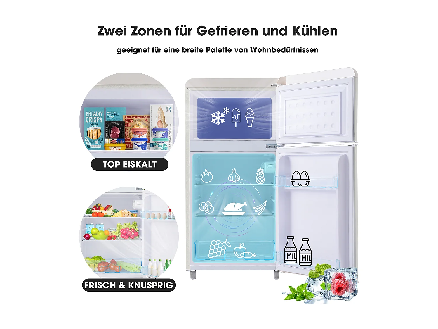 Minikoelkast Retro, 72L Totaal, 21L Congélateur, 51L Koelkoelkast, Energieklasse E, LED, Design Rétro, Wit (45x44x91cm)