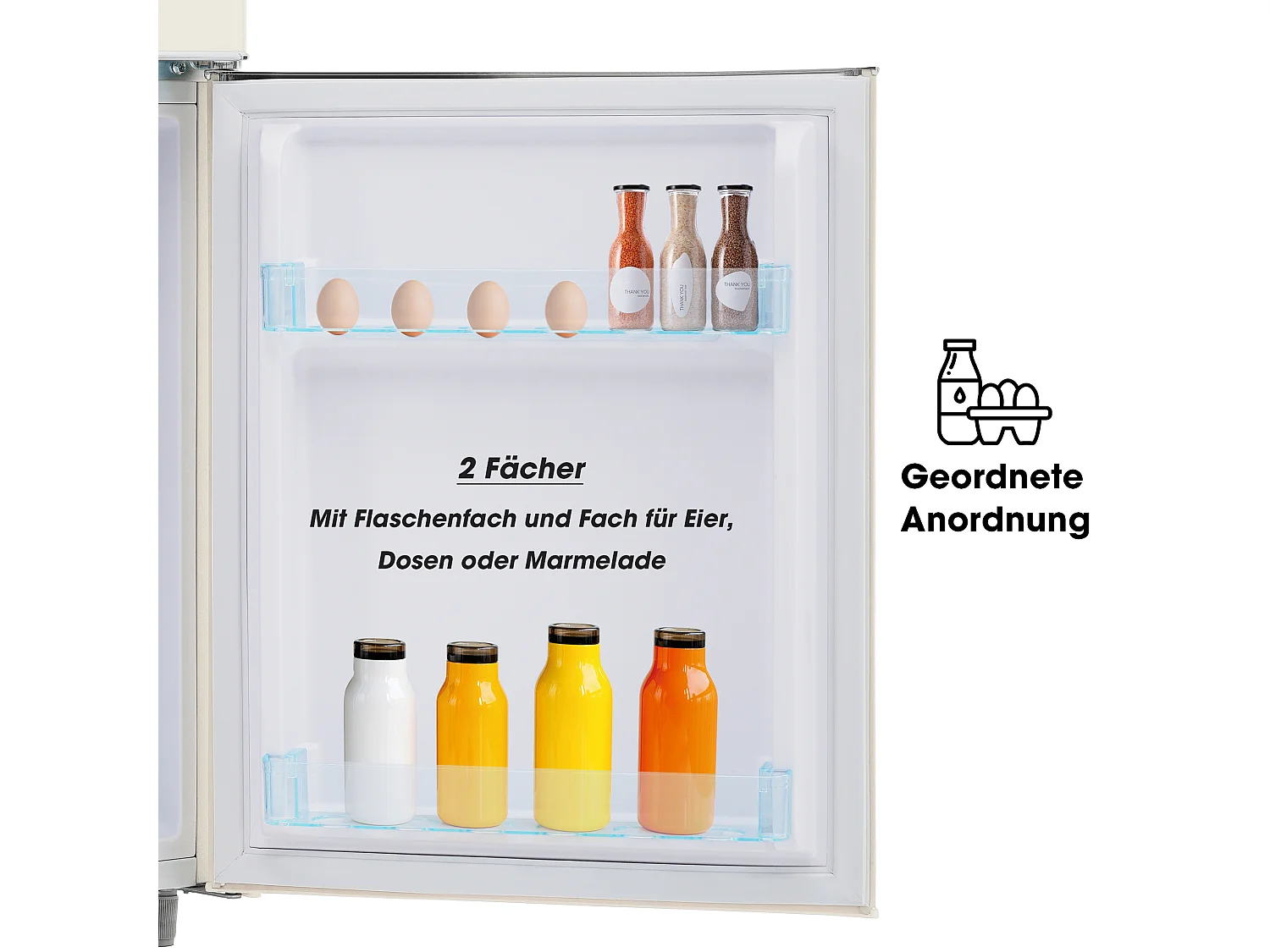 Minikoelkast Retro, 72L Totaal, 21L Congélateur, 51L Koelkoelkast, Energieklasse E, LED, Design Rétro, Wit (45x44x91cm)