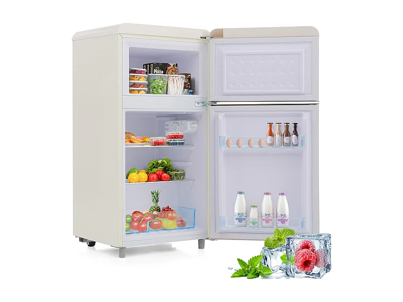 Minikoelkast Retro, 72L Totaal, 21L Congélateur, 51L Koelkoelkast, Energieklasse E, LED, Design Rétro, Wit (45x44x91cm)