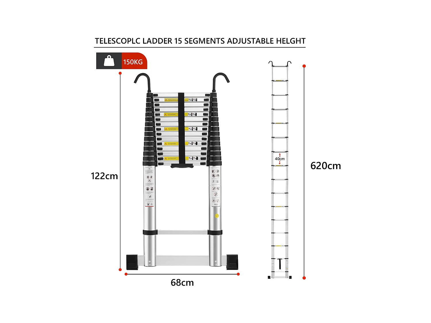 Échelle télescopique pliante DIY en aluminium de 6,2 m avec crochets, charge max. 150 kg, robuste