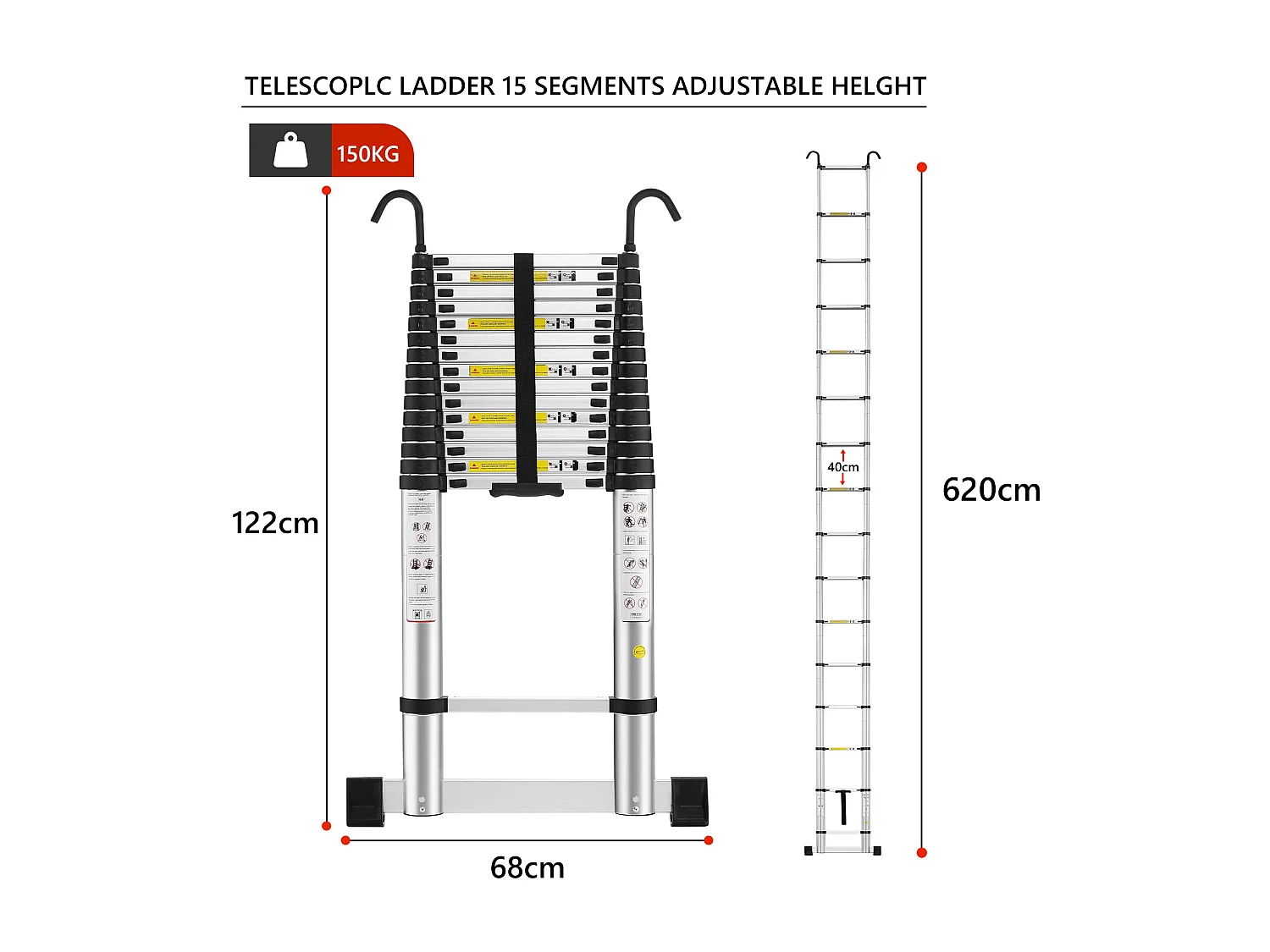 Opvouwbare DIY Telescoopladder van Aluminium 6,2 m met haken, max. belasting 150 kg, robuust
