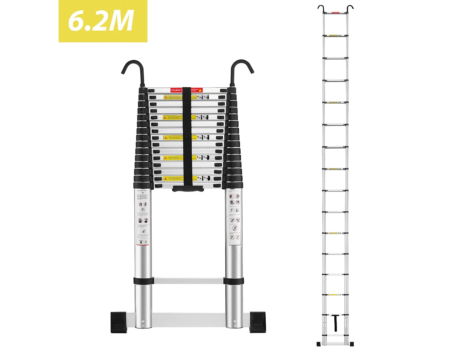 Échelle Télescopique Aluminium 6,2M, Échelle extensible avec stabilisateur et crochets amovibles,