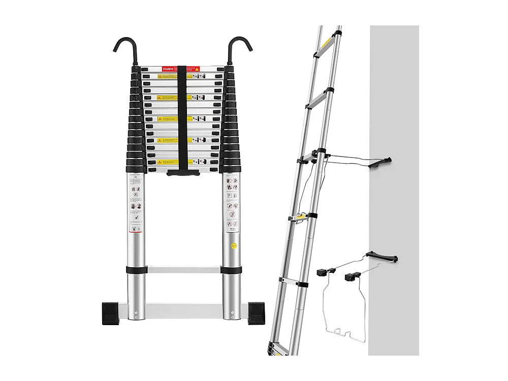 Échelle télescopique de 6,2 m avec stabilisateur d'échelle, pliante en aluminium avec barre stabilisatrice et crochets amovibles