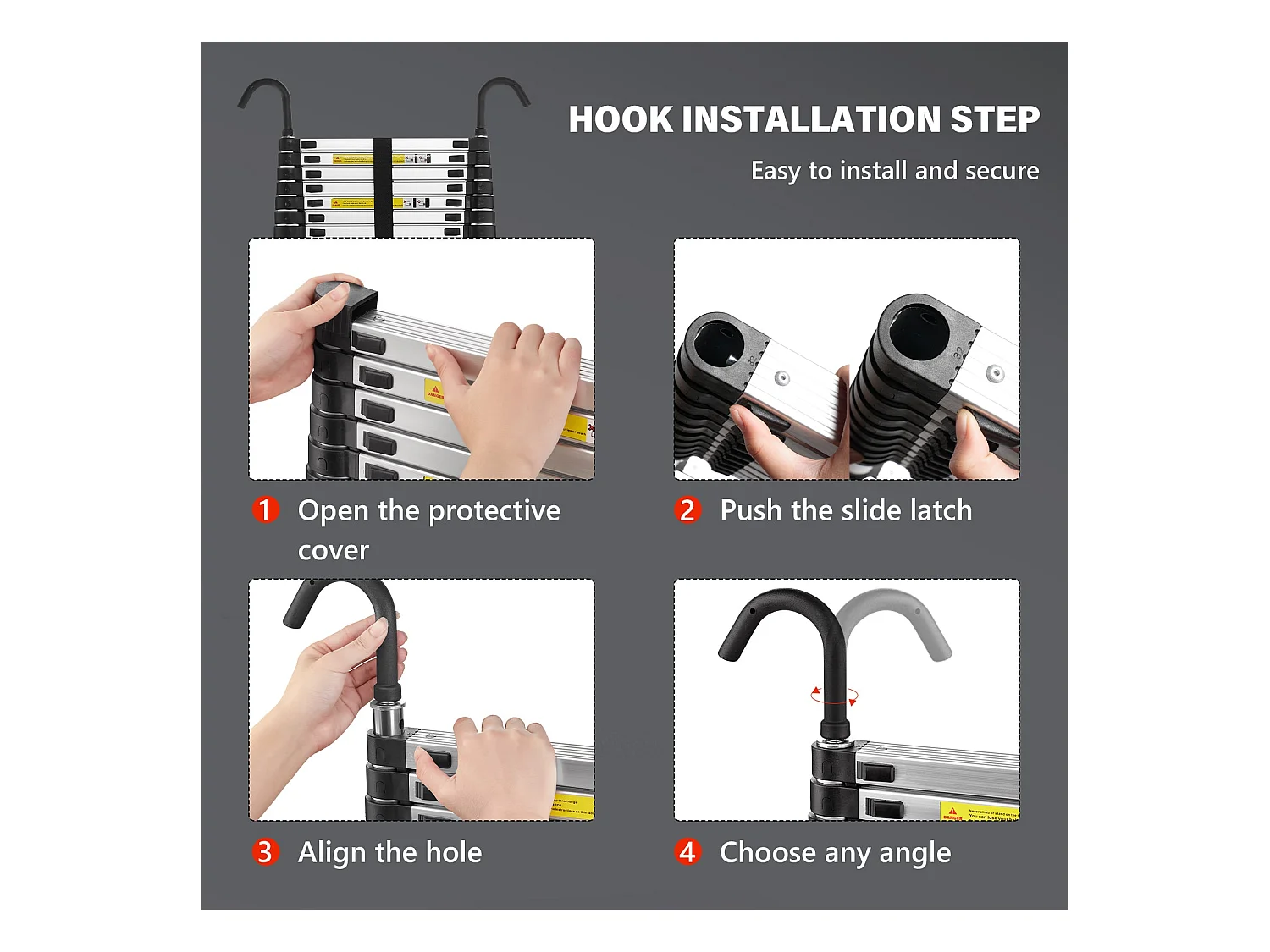 Échelle télescopique de 6,2 m avec stabilisateur d'échelle, pliante en aluminium avec barre stabilisatrice et crochets amovibles