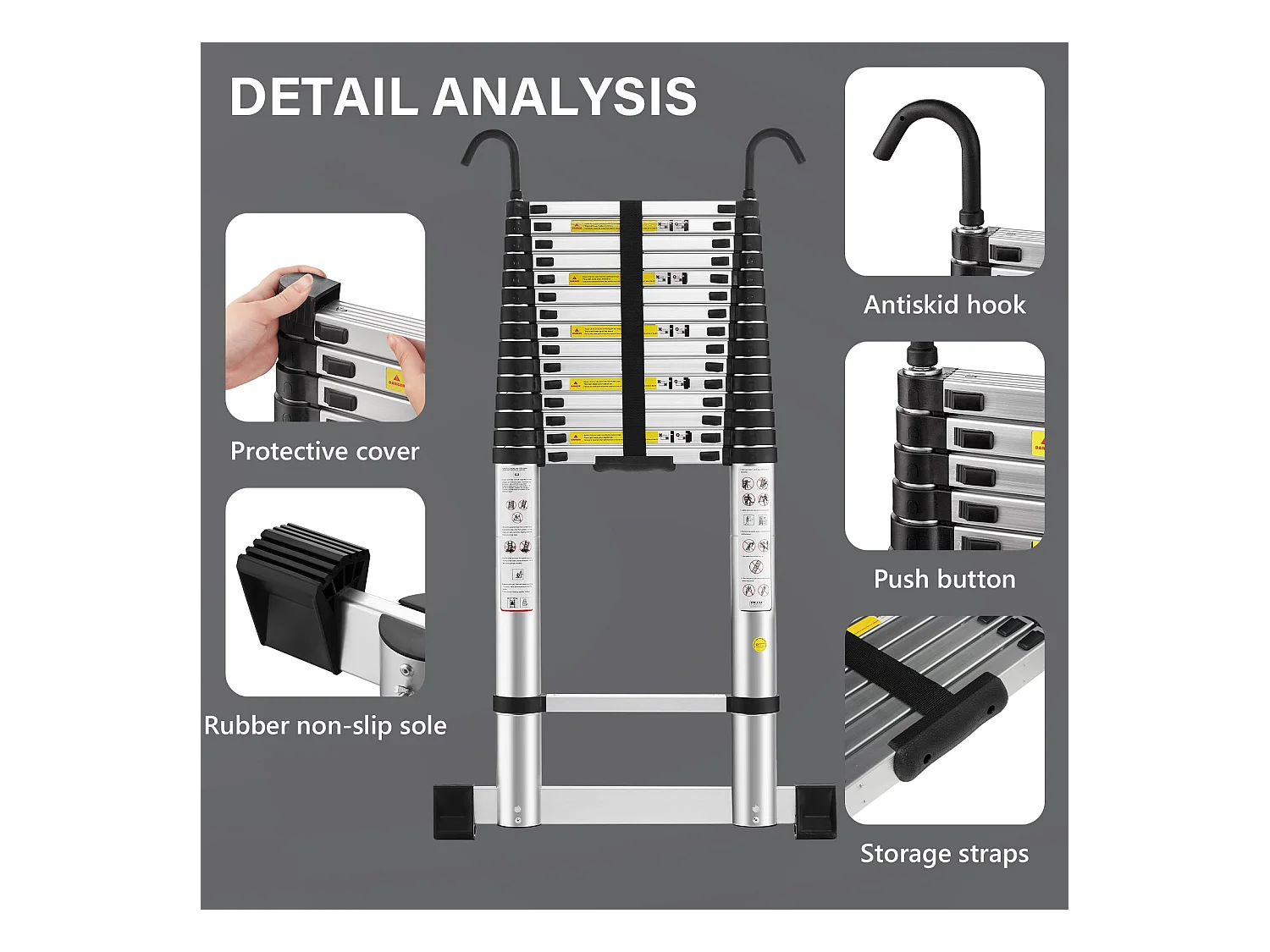 Échelle télescopique de 6,2 m avec stabilisateur d'échelle, pliante en aluminium avec barre stabilisatrice et crochets amovibles
