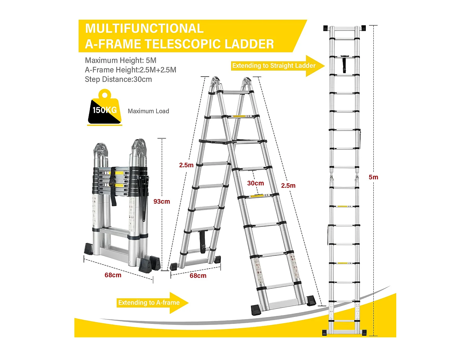Échelle télescopique de 5 m(2.5+2.5), Echelle Pliante 2 en 1, Charge 150 kg