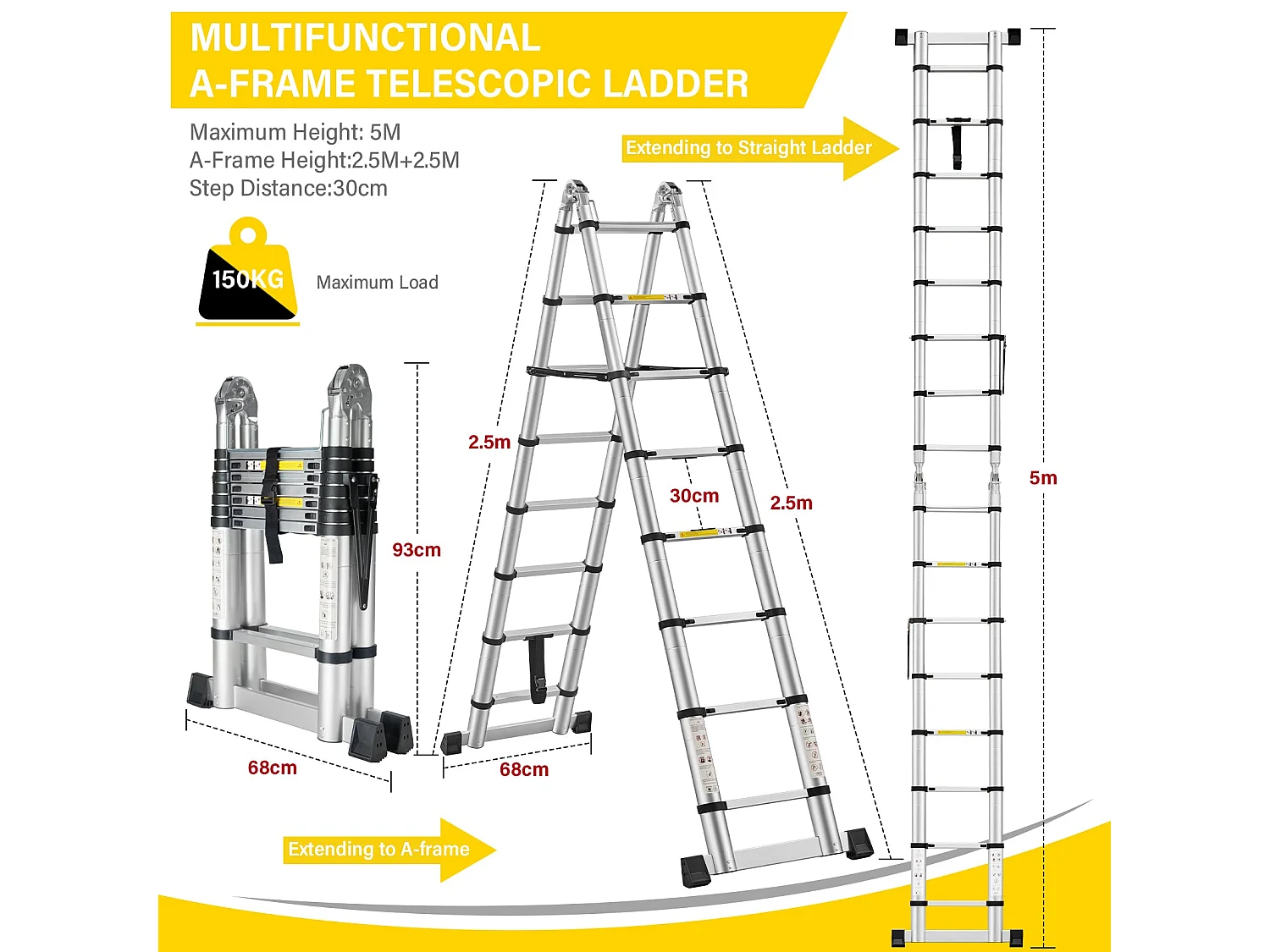 Échelle télescopique de 5 m(2.5+2.5), Echelle Pliante 2 en 1, Charge 150 kg