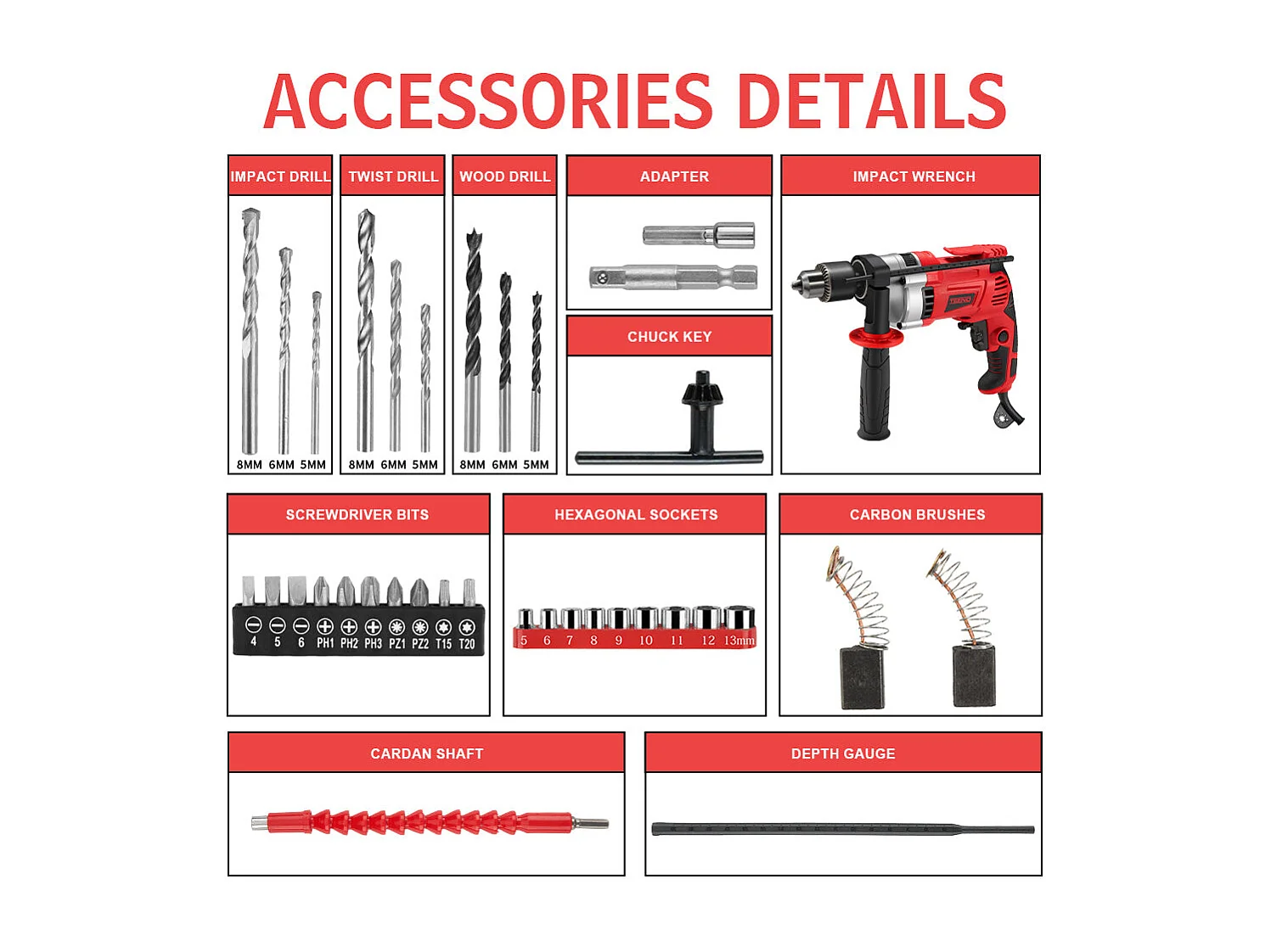 Perceuse à percussion filaire 910W, poignée rotative à 360°,32/13/13 mm