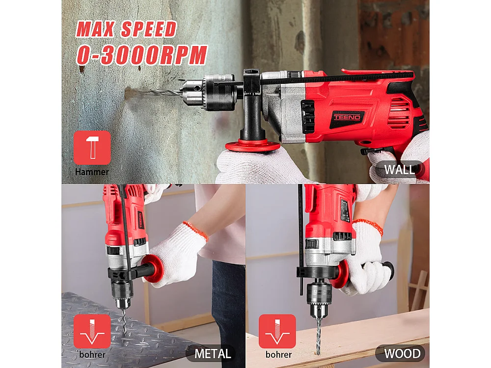 Perceuse à percussion filaire 910W, poignée rotative à 360°,32/13/13 mm