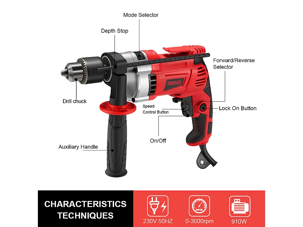 Perceuse à percussion filaire 910W, poignée rotative à 360°,32/13/13 mm