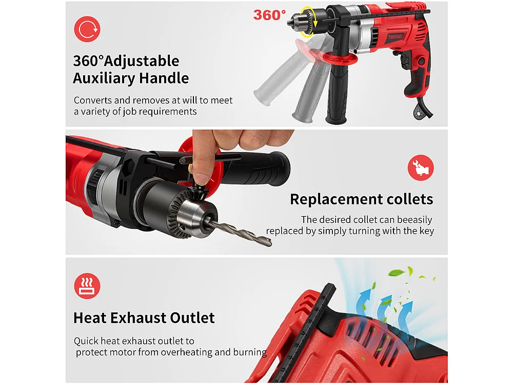 Perceuse à percussion filaire 910W, poignée rotative à 360°,32/13/13 mm