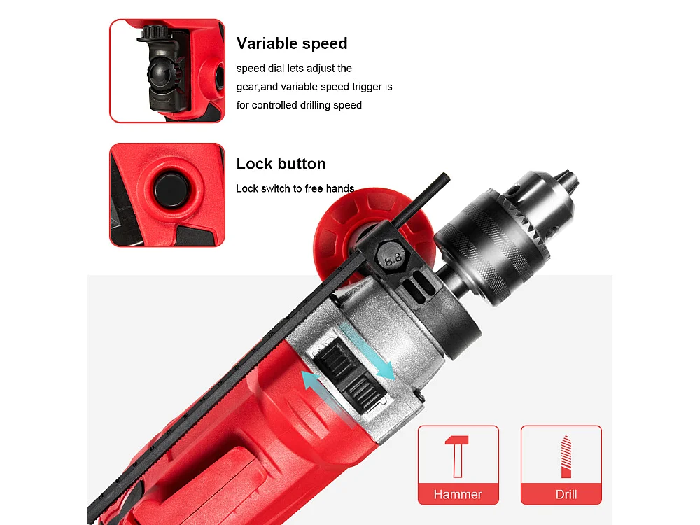 Perceuse à percussion filaire 910W, poignée rotative à 360°,32/13/13 mm
