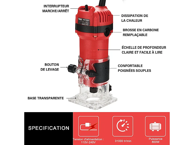Défonceuse Affleureuse Électrique 800W 31000 RPM, Affleureuse à Bois Avec 15 Fraises à Défoncer Queue de 1/4", Base Fixe Mèches 6/6.35 mm
