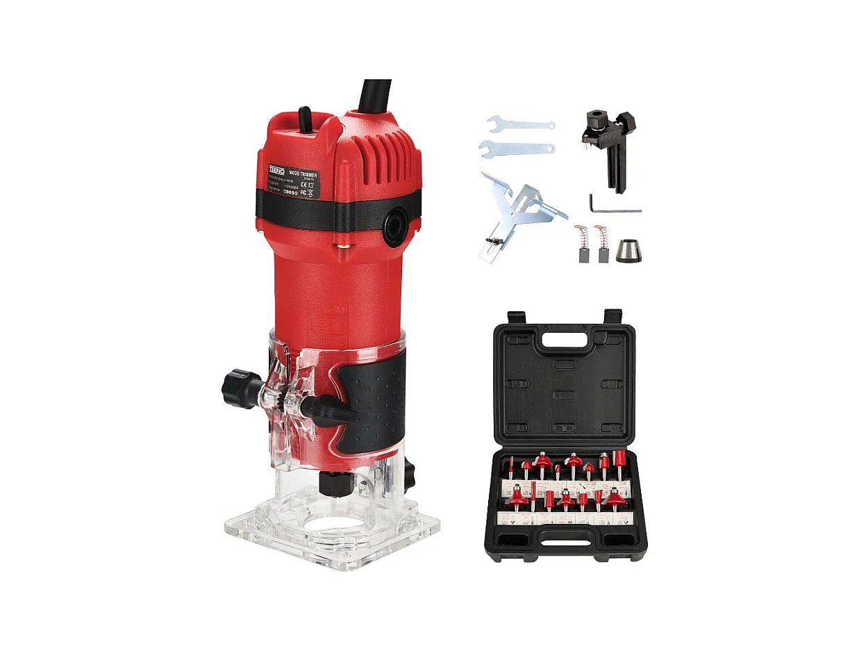 Défonceuse Affleureuse Électrique 800W 31000 RPM, Affleureuse à Bois Avec 15 Fraises à Défoncer Queue de 1/4", Base Fixe Mèches 6/6.35 mm