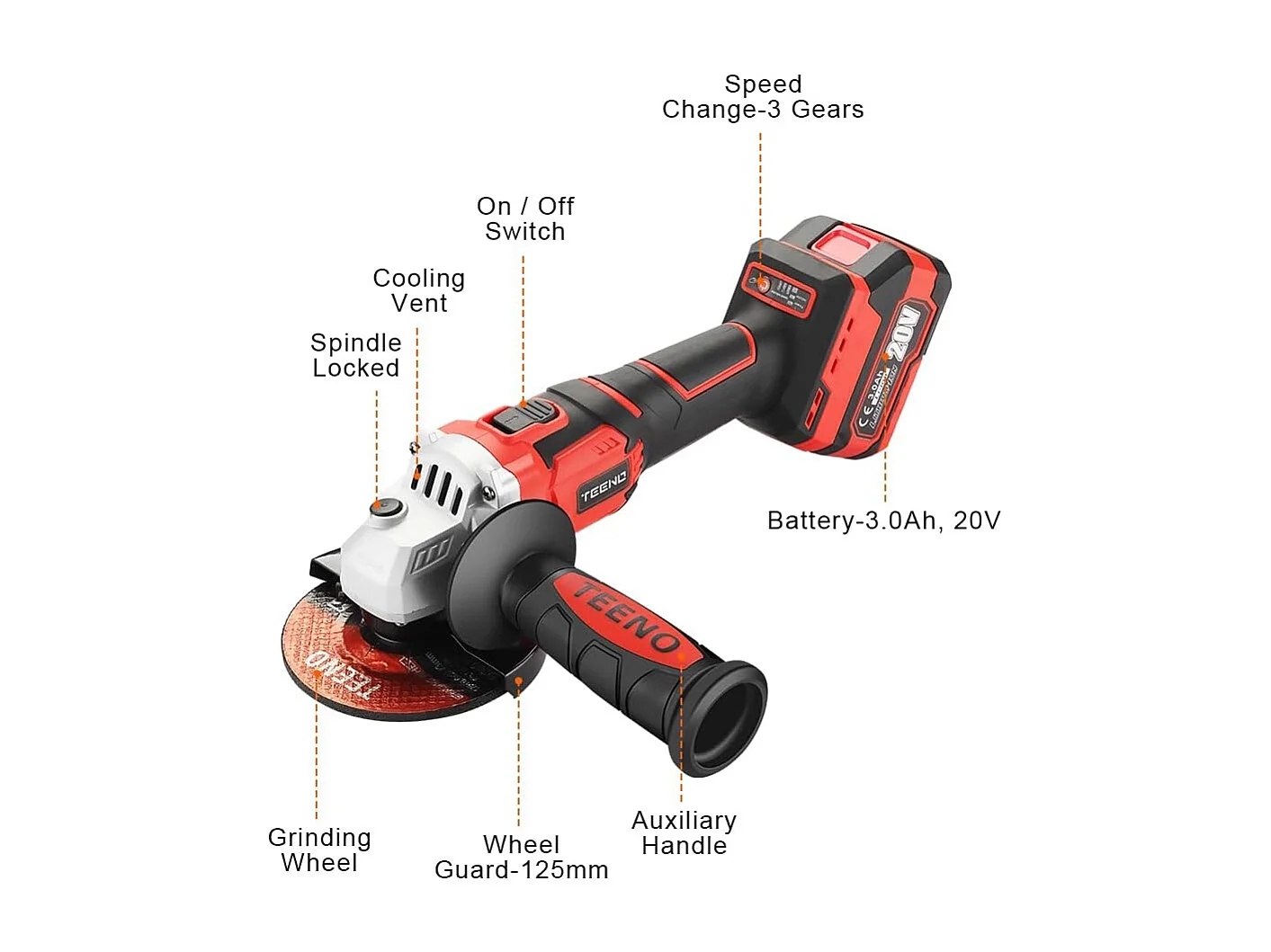 Haakse Slijper Borstelloos 125mm, 2 Lithium-ion Accu's 20V 3.0Ah