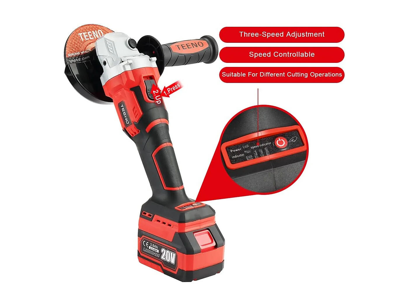 Haakse Slijper Borstelloos 125mm, 2 Lithium-ion Accu's 20V 3.0Ah