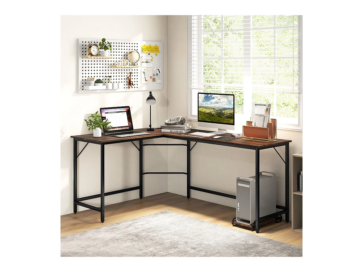 Scrivania ad angolo a L con presa di corrente, Scrivania per computer da 168cm con supporto CPU e telaio in metallo Marrone