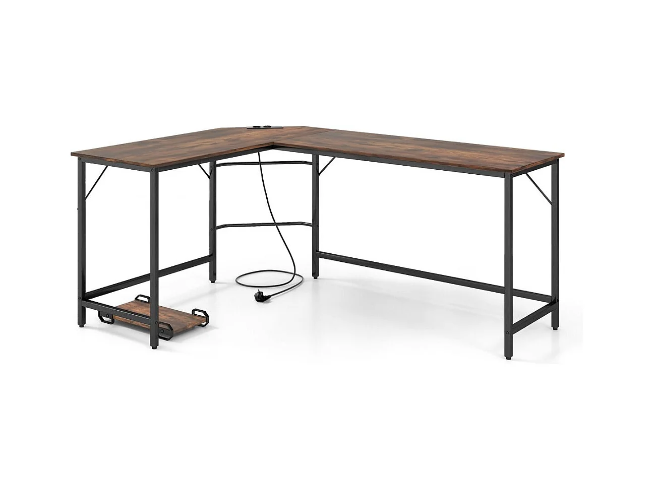 Scrivania ad angolo a L con presa di corrente, Scrivania per computer da 168cm con supporto CPU e telaio in metallo Marrone