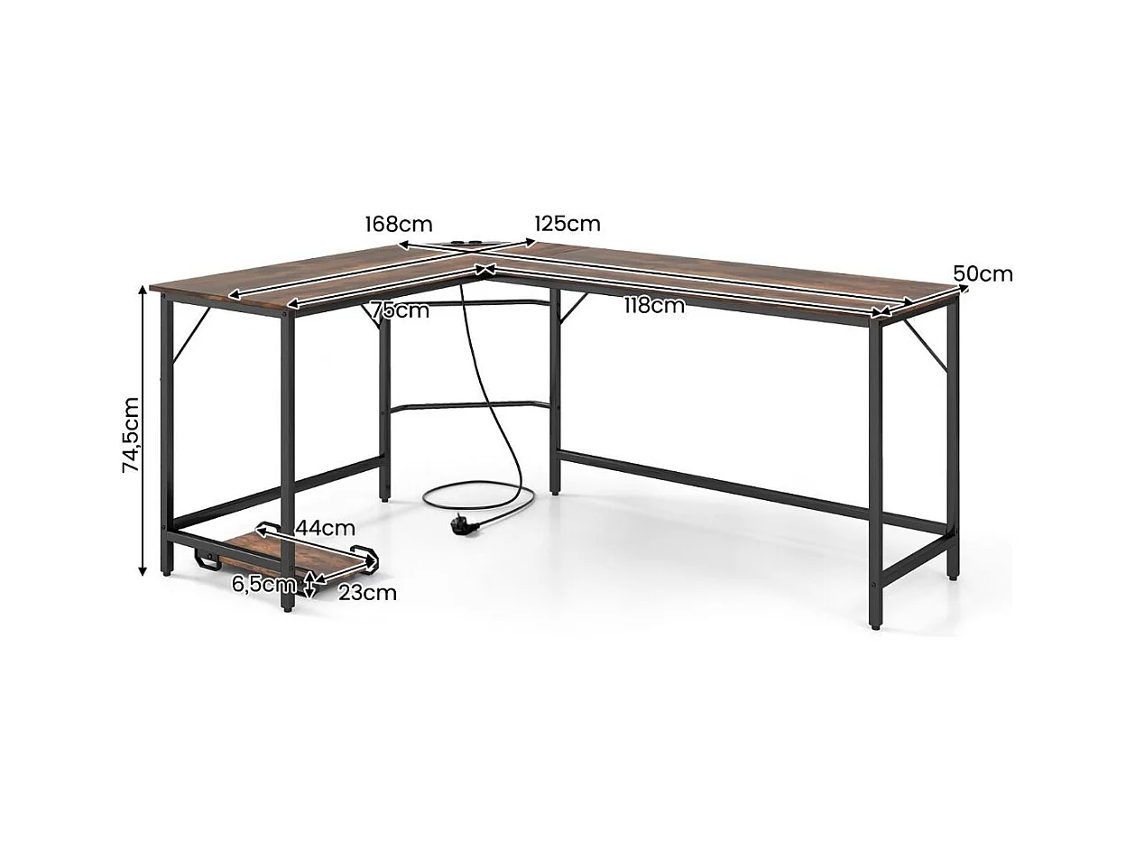 Scrivania ad angolo a L con presa di corrente, Scrivania per computer da 168cm con supporto CPU e telaio in metallo Marrone