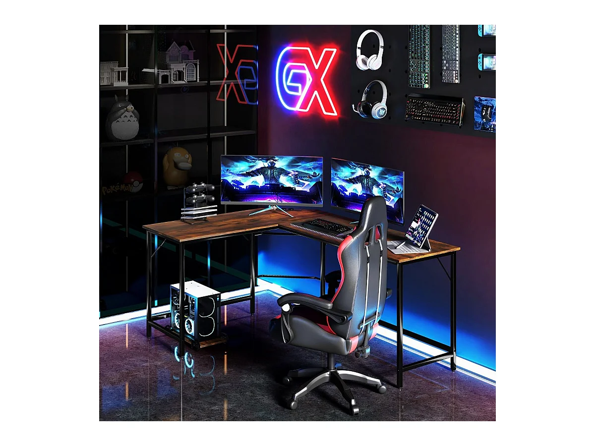 Scrivania ad angolo a L con presa di corrente, Scrivania per computer da 168cm con supporto CPU e telaio in metallo Marrone