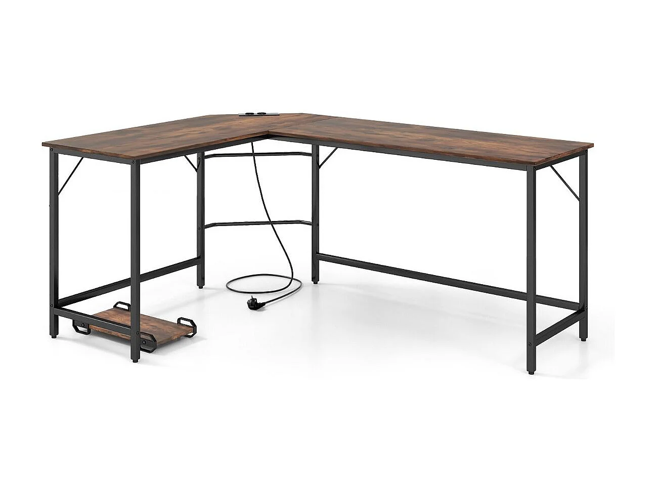 Scrivania ad angolo a L con presa di corrente, Scrivania per computer da 168cm con supporto CPU e telaio in metallo Marrone